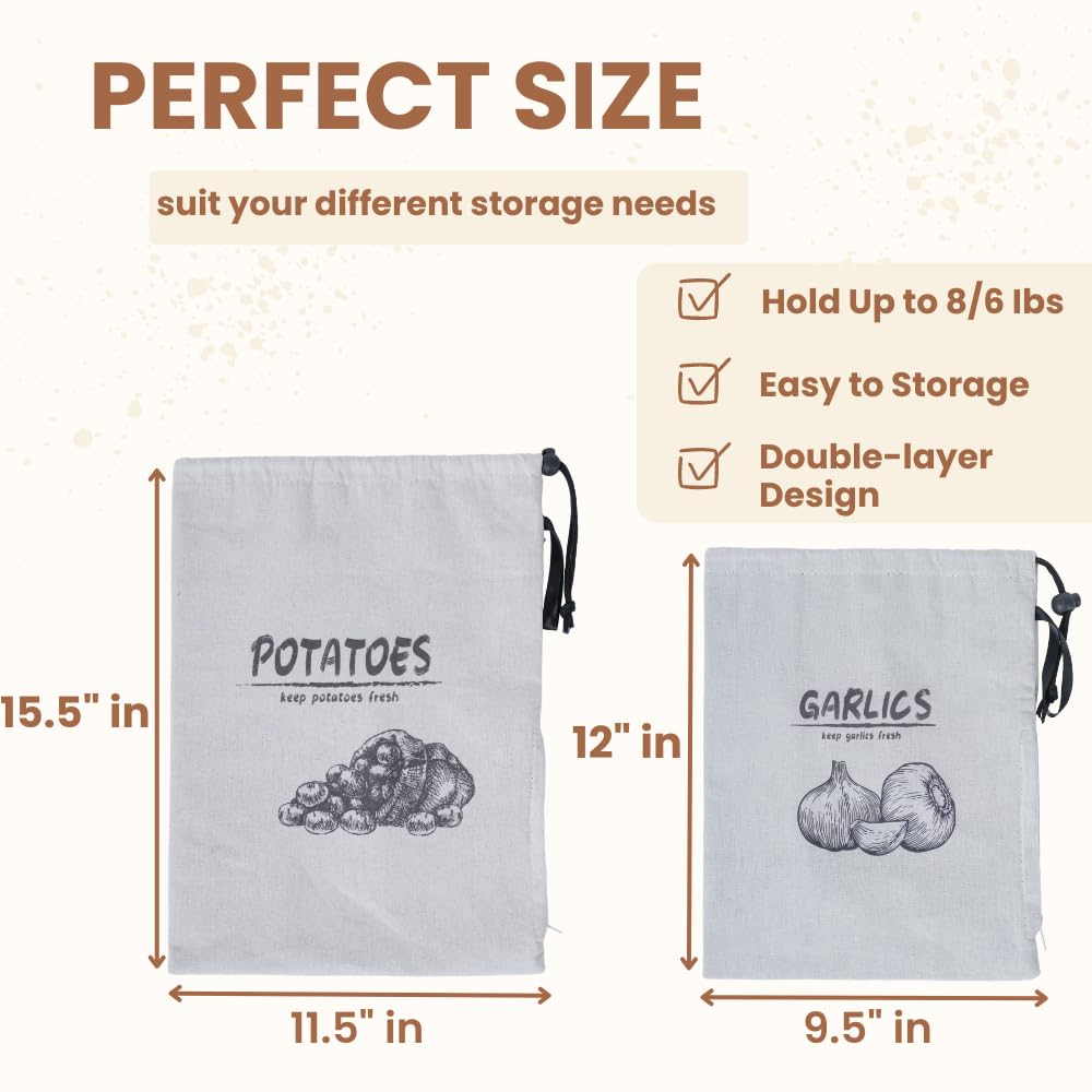 Reusable Potato Onion Garlic Storage Bags with Drawstring Closure - 3 Pack for Pantry & Kitchen Organization | Fresh Vegetable Keepers for Home, Restaurant & Grocery Store Use