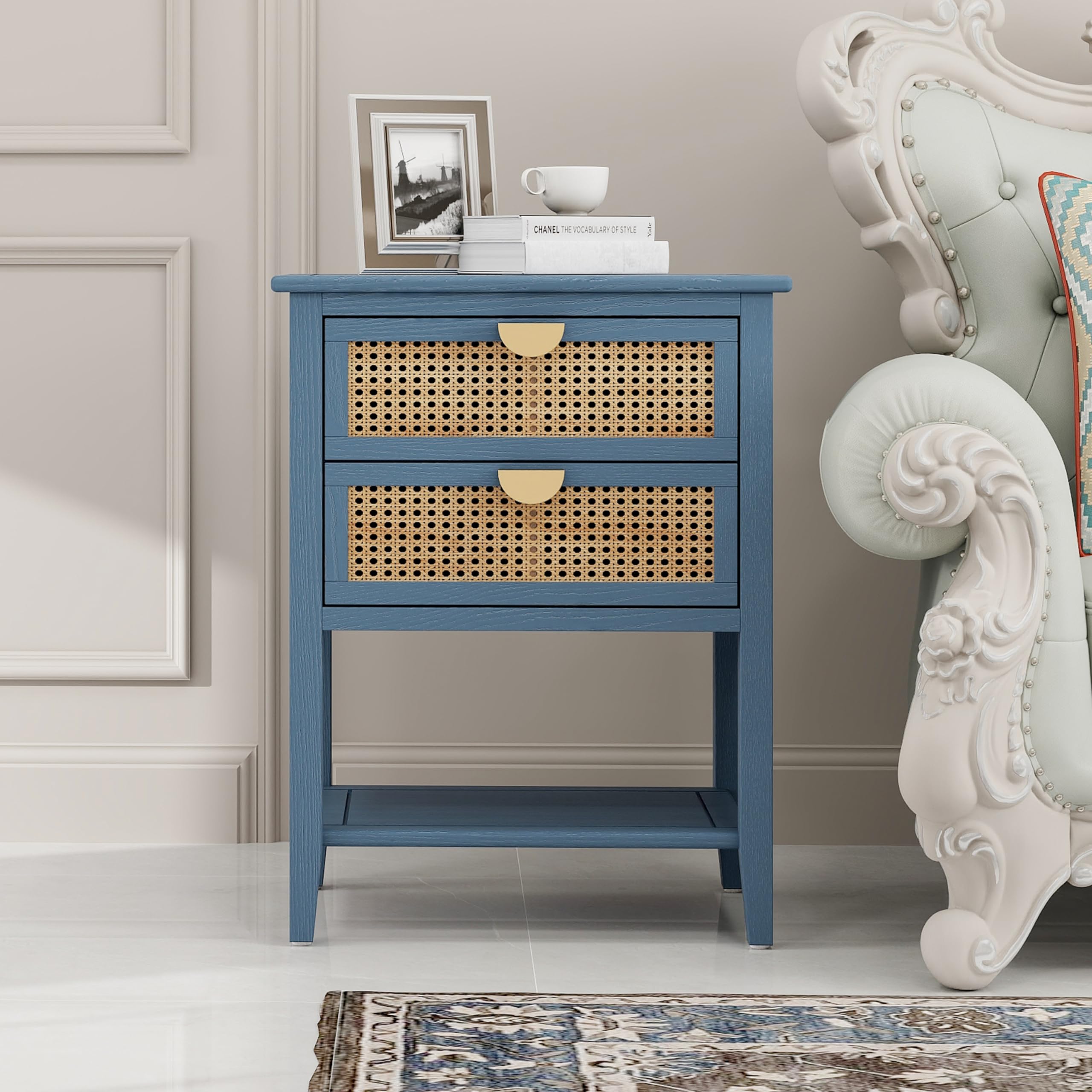 Rattan Nightstand with 2 Drawers & Shelf - Bedside Table for Bedroom, Living Room
