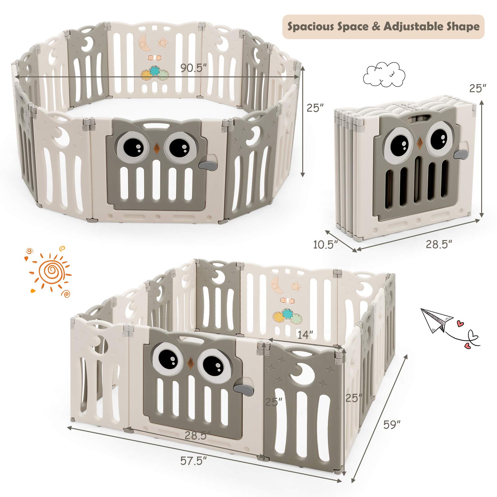 Costzon 14-Panel Foldable Baby Playpen with Locking Door - Non-Slip Rubber Bases & Pads for Safety - Indoor/Outdoor Adjustable Play Yard for Toddlers & Infants (Beige) - Perfect for Home, Nursery, Daycare & Backyard Use