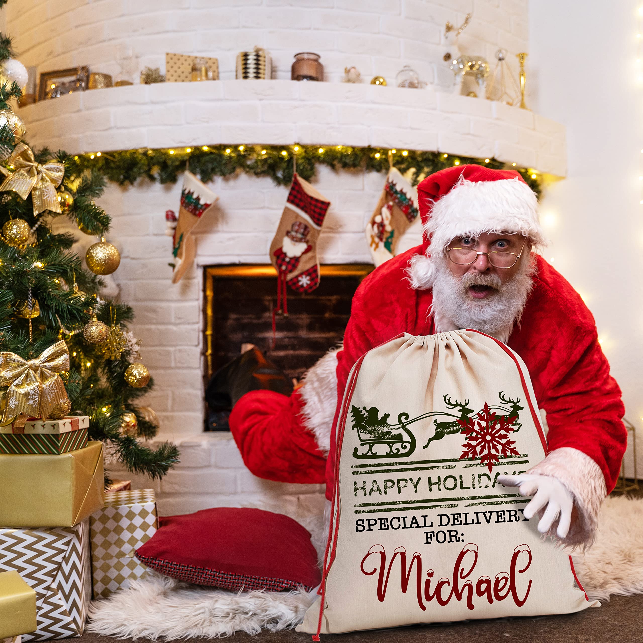 Personalized Santa Sack Gift Set of 4 - Custom Christmas Stocking Bags with Name - 9 Festive Design Options - 27.6