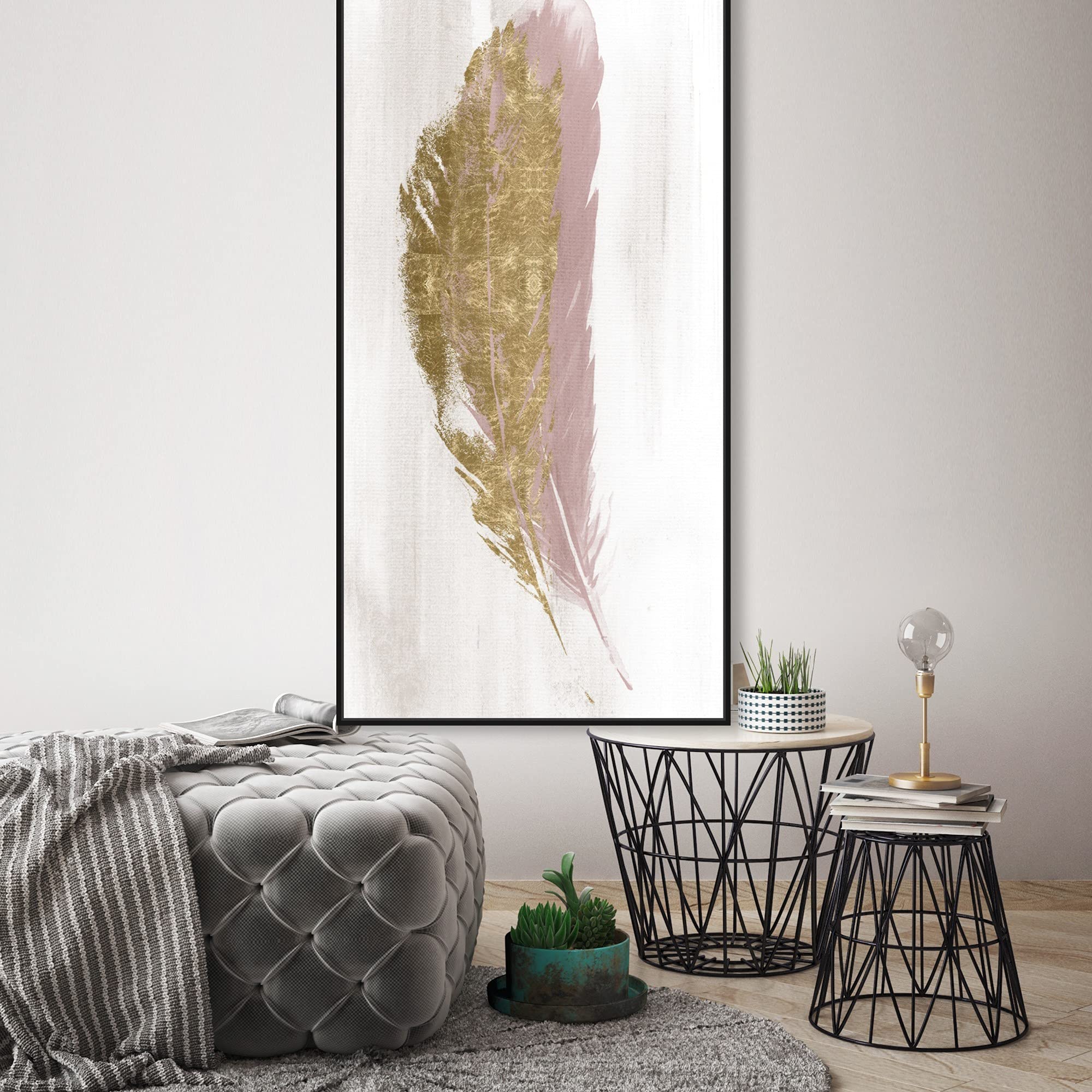 Blush and Gold Feather Framed Canvas Wall Art - Elegant Home Decor for Living Room, Bedroom & Office | Fashion & Glam Feather Print