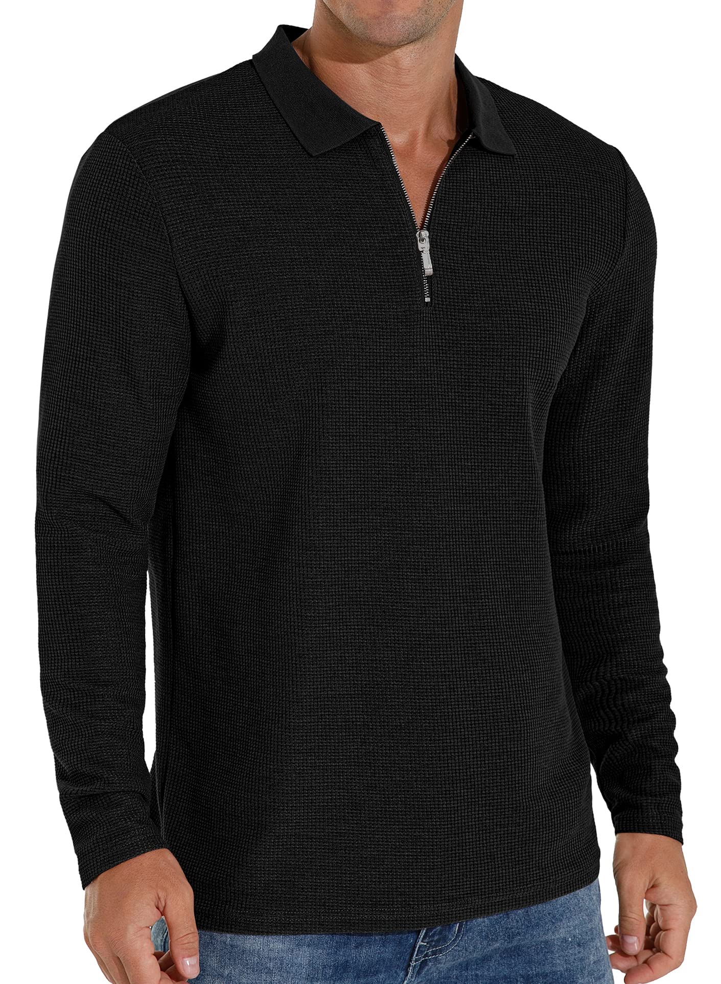 Sailwind Men's Waffle Knit Long Sleeve Quarter Zip Polo Shirt - Casual Pullover Top for Work, Golf & Outdoor Activities | Breathable Comfort Fit