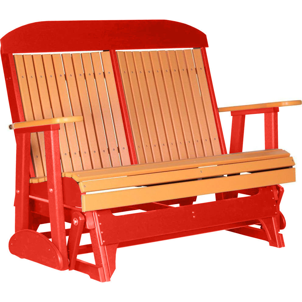 LuxCraft 4 ft. Recycled Plastic Highback Outdoor Glider Bench with Cup Holder - Orange - Perfect for Patio, Garden, and Backyard Relaxation