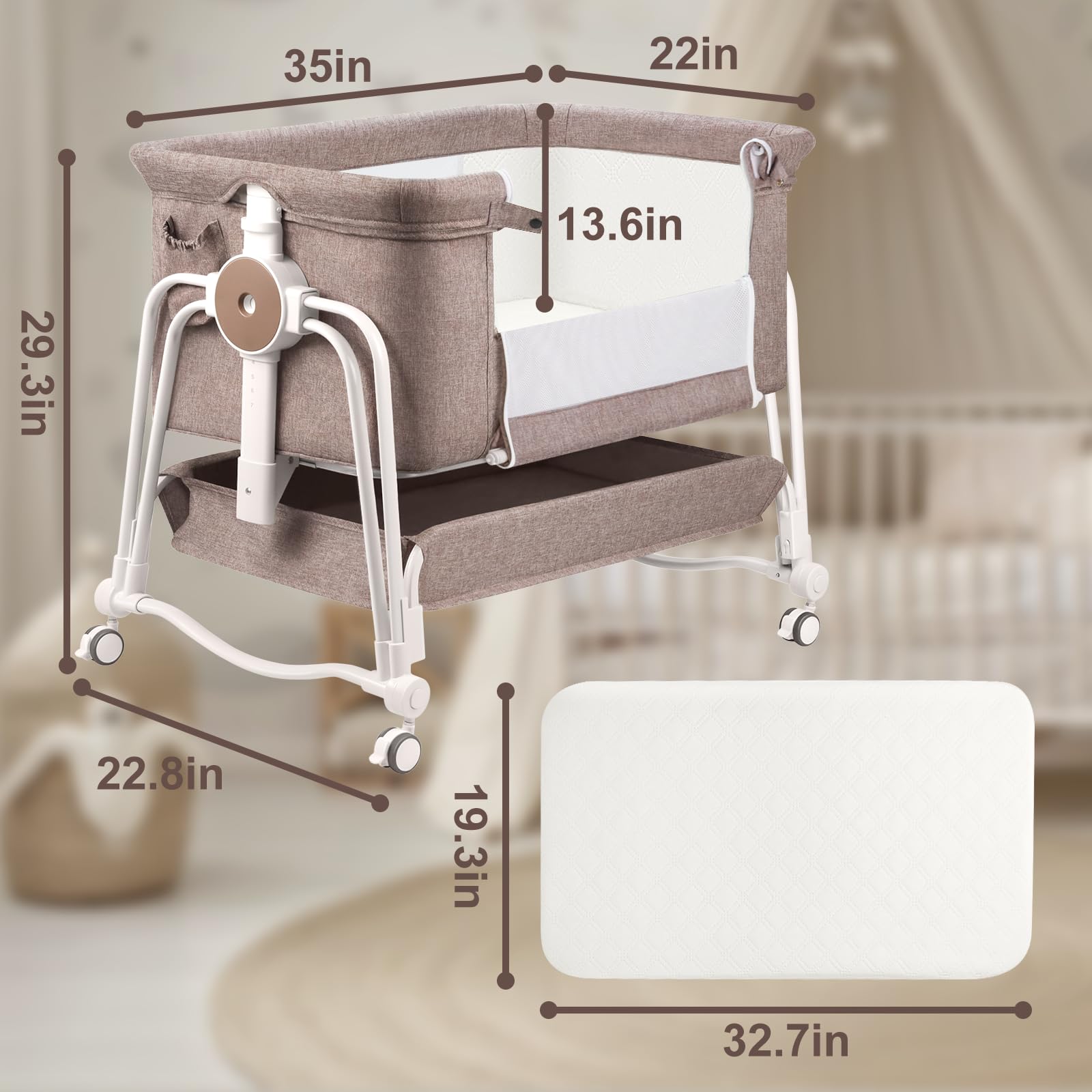 4-in-1 Adjustable Baby Bassinet with Lockable Wheels, Storage & Mosquito Net - 7-Level Height Adjustment for Newborns (Khaki) | Perfect for Bedside Sleeping, Nursery & Travel