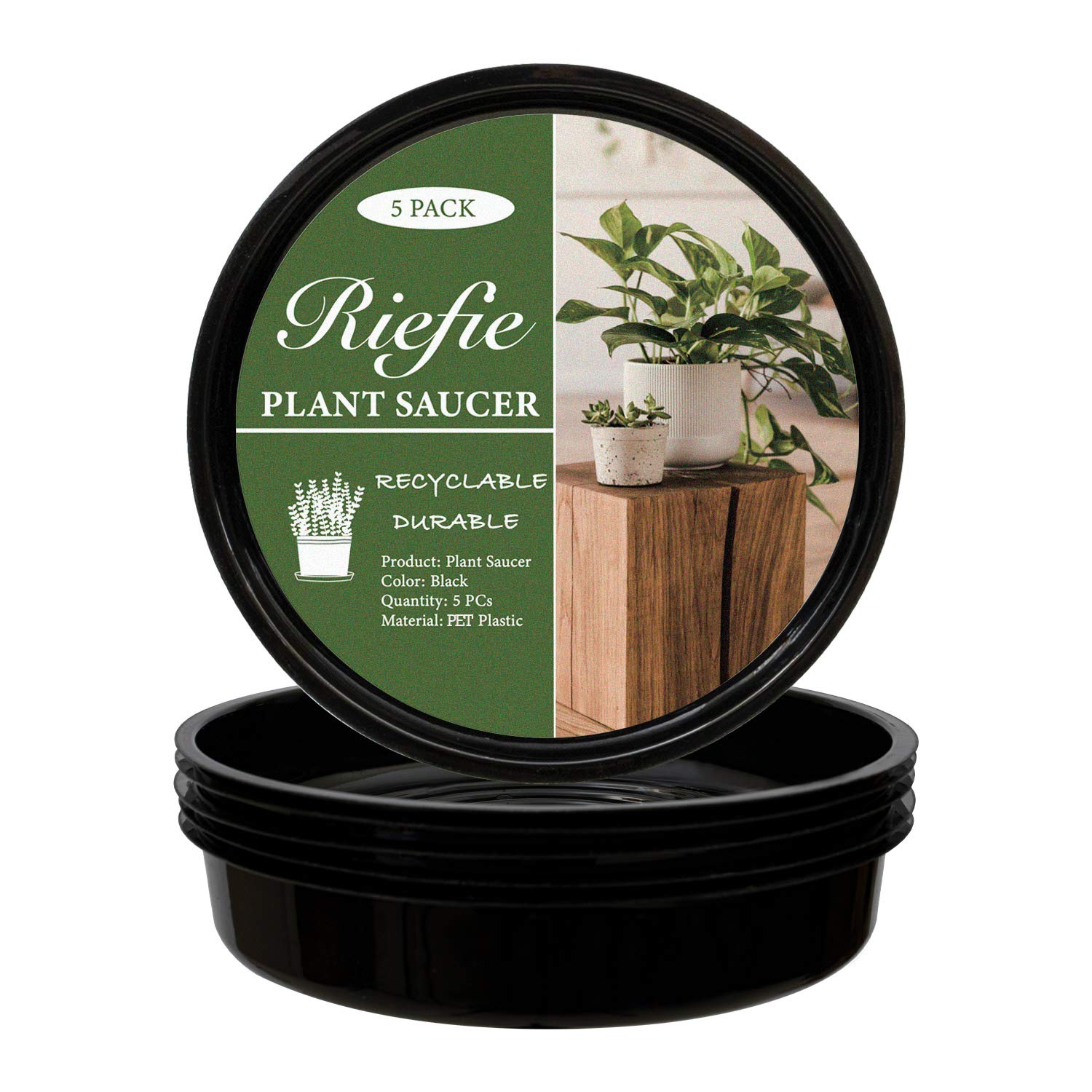 Riefie 5 Pack of 4 Inch Plastic Plant Saucers - Black Round Drip Trays for Indoor & Outdoor Plants - Durable Thick Flower Pot Trays (4'') - Perfect for Potted Plants, Garden Decor, and Home Drainage Protection