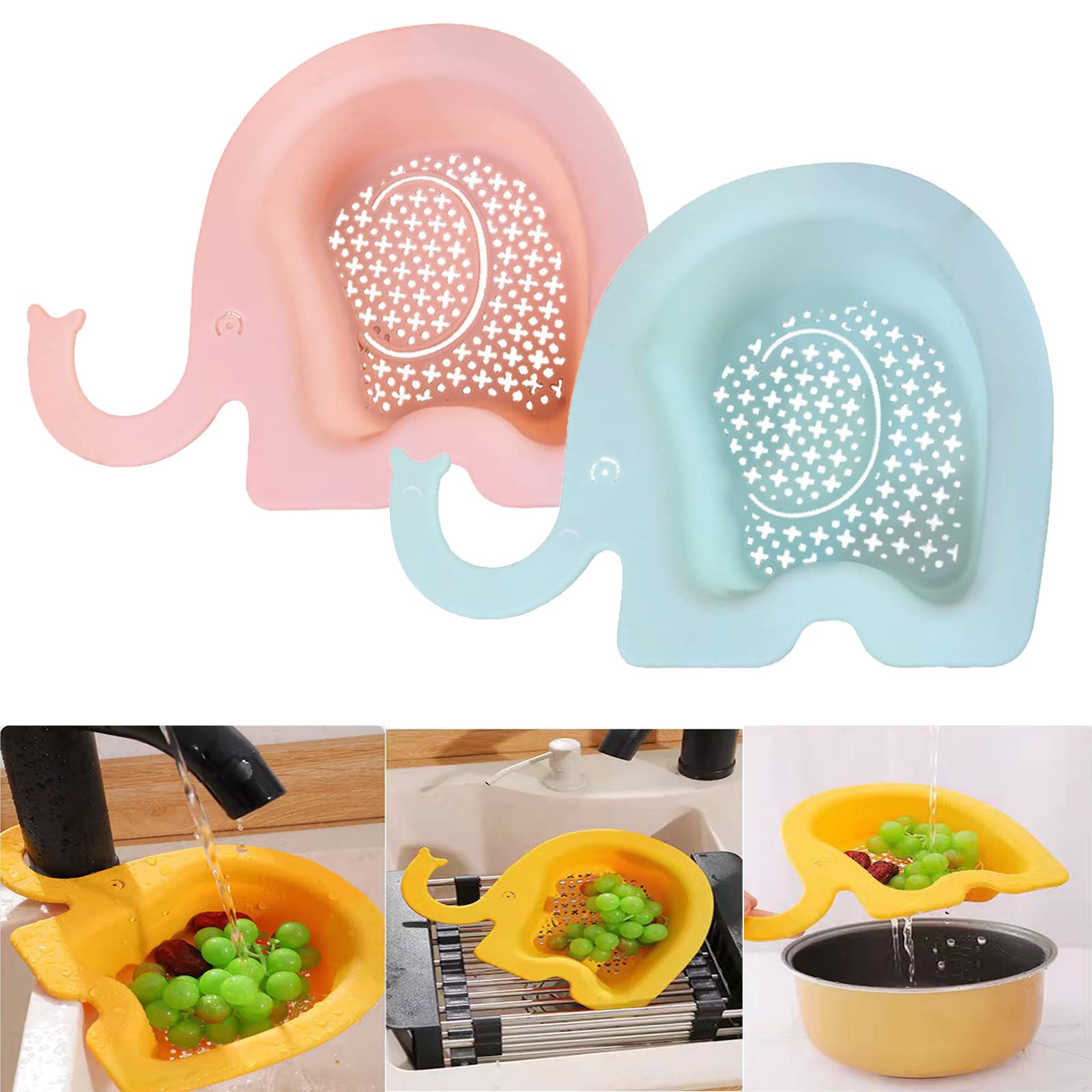 Colorful Elephant Drain Stand - Kitchen Strainer for Sink, Fruits & Tea - 2pcs (Pink+Blue) for Easy Draining
