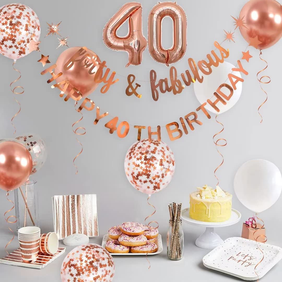 40th Birthday Decorations - Rose Gold 'Forty & Fabulous' Banner, Garland & Foil Balloons Set for Women's Milestone Party | Perfect for Backdrops, Wall Decor & Hanging Displays | Cheers to 40 Years Celebration Supplies