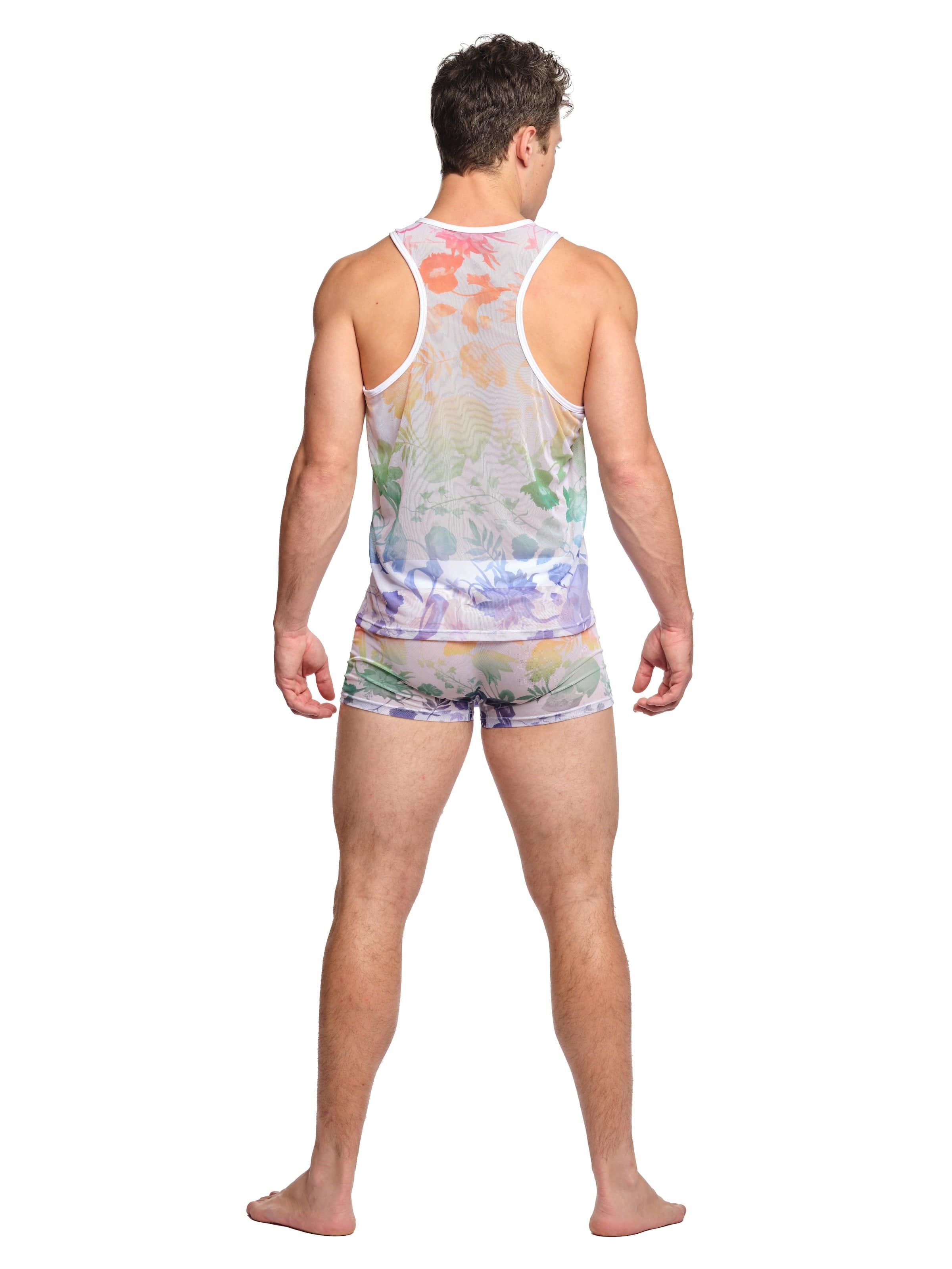 Rainbow Dutch Floral Mesh Tank Top - White Women's Summer Fashion Top for Beach, Party & Casual Wear
