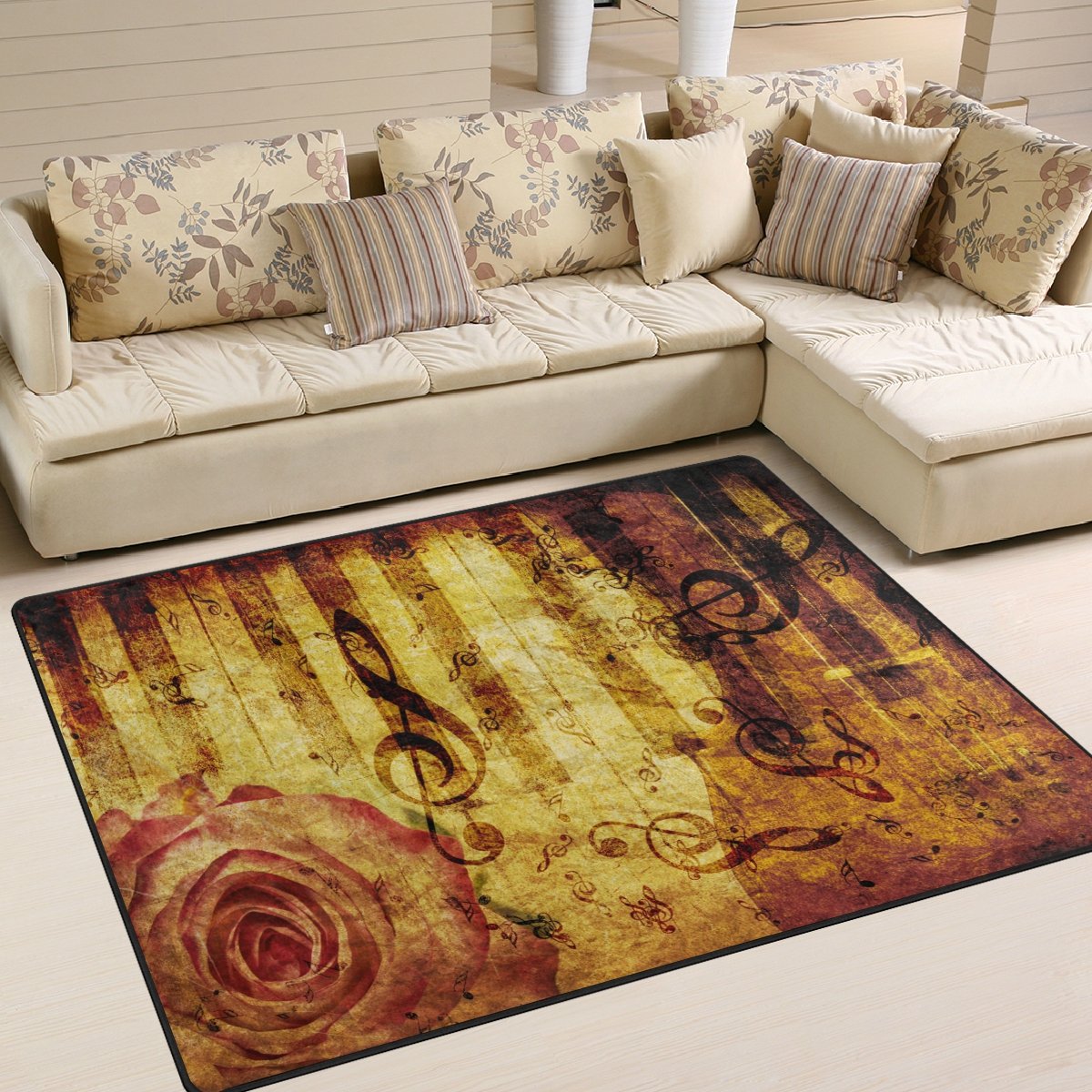 ALAZA Vintage Rose Flower Music Note Piano Area Rug - 5'3
