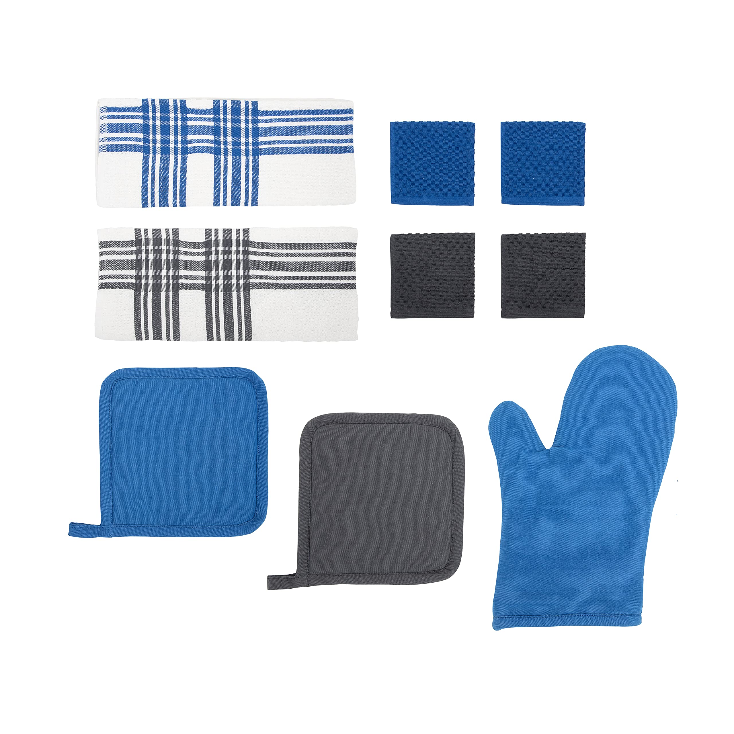 Chicago Metallic 9-Piece Kitchen Textile Set - Heat Resistant Oven Mitts, Pot Holders, Cotton Terry Dish Towels & Cloths (Blue, White, Gray) for Baking, Cooking & Kitchen Decor