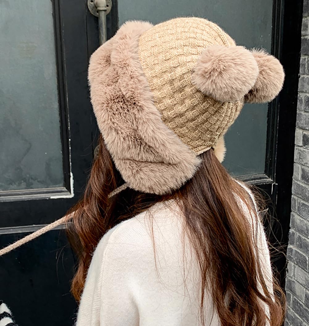 Women's Winter Pompom Beanie Hat - Soft Fluffy Knit Faux Fur Crochet Skull Cap for Cold Weather | Warm Bucket Hat with Ear Coverage for Outdoor Activities, Snow Sports & Casual Winter Fashion