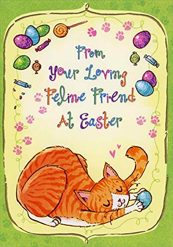 Easter Greeting Card with Stretching Cat & Blue Egg - Green Border Design | Perfect for Easter Celebrations, Spring Parties & Cat Lovers