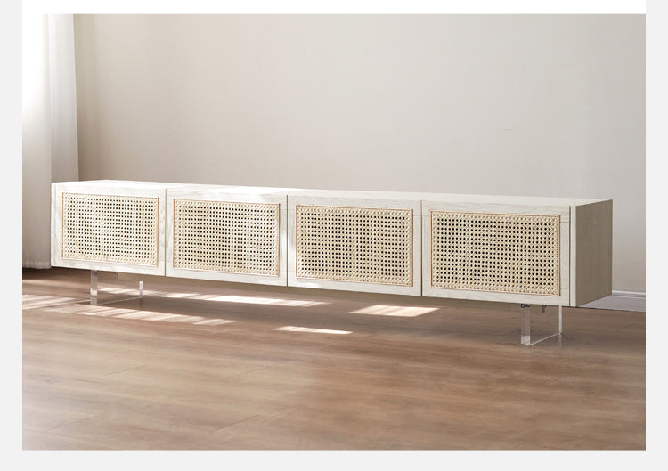 Solid Oak Wood Rattan TV Stand with LED Lights - Modern Cream Style Entertainment Center for Living Room, Bedroom & Home Theater