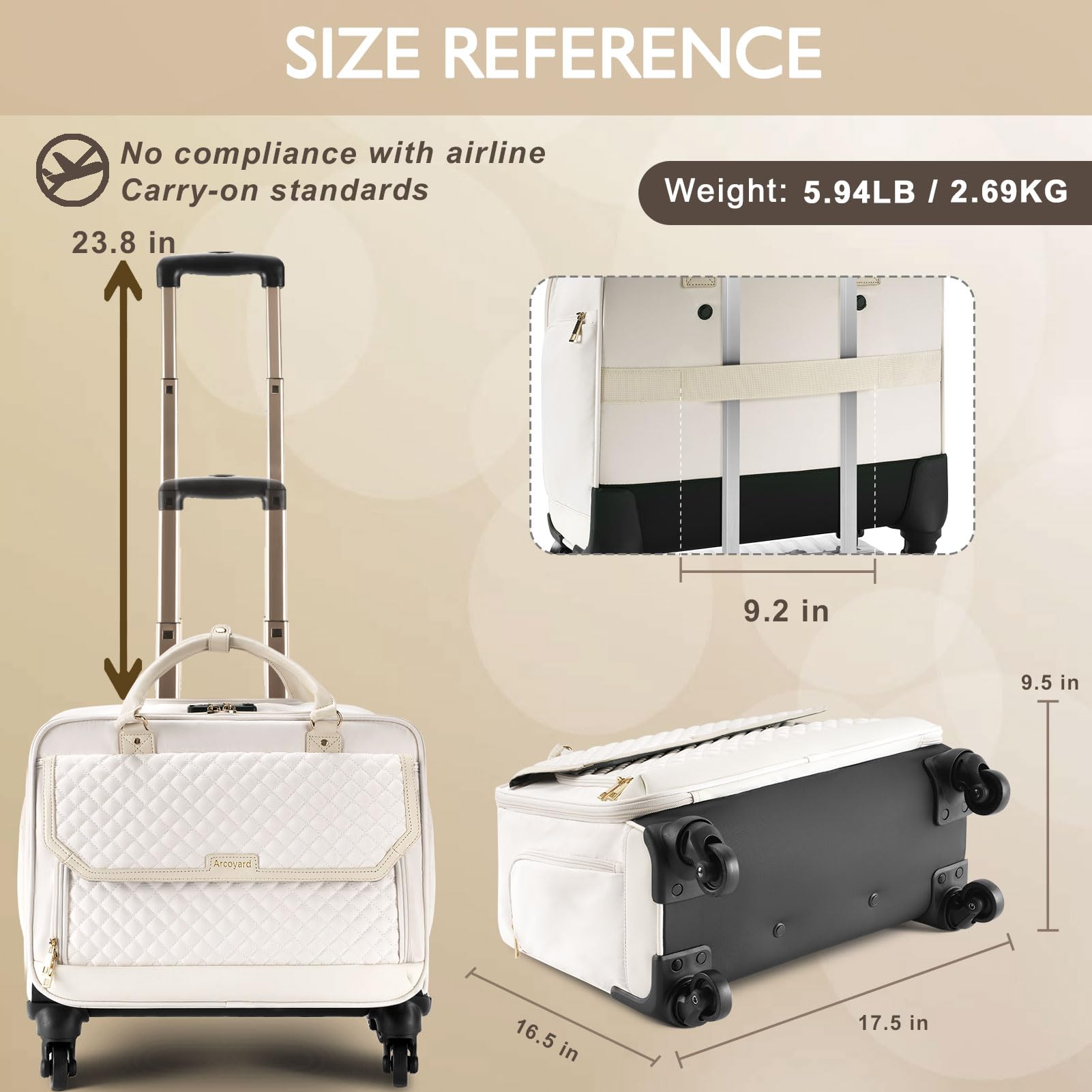 Rolling Laptop Briefcase with 4 Spinner Wheels - TSA Friendly Carry On Computer Bag for Work & Travel - Durable Roller Bag for Women & Men in Beige - Perfect for Business Trips, Commuting & Air Travel