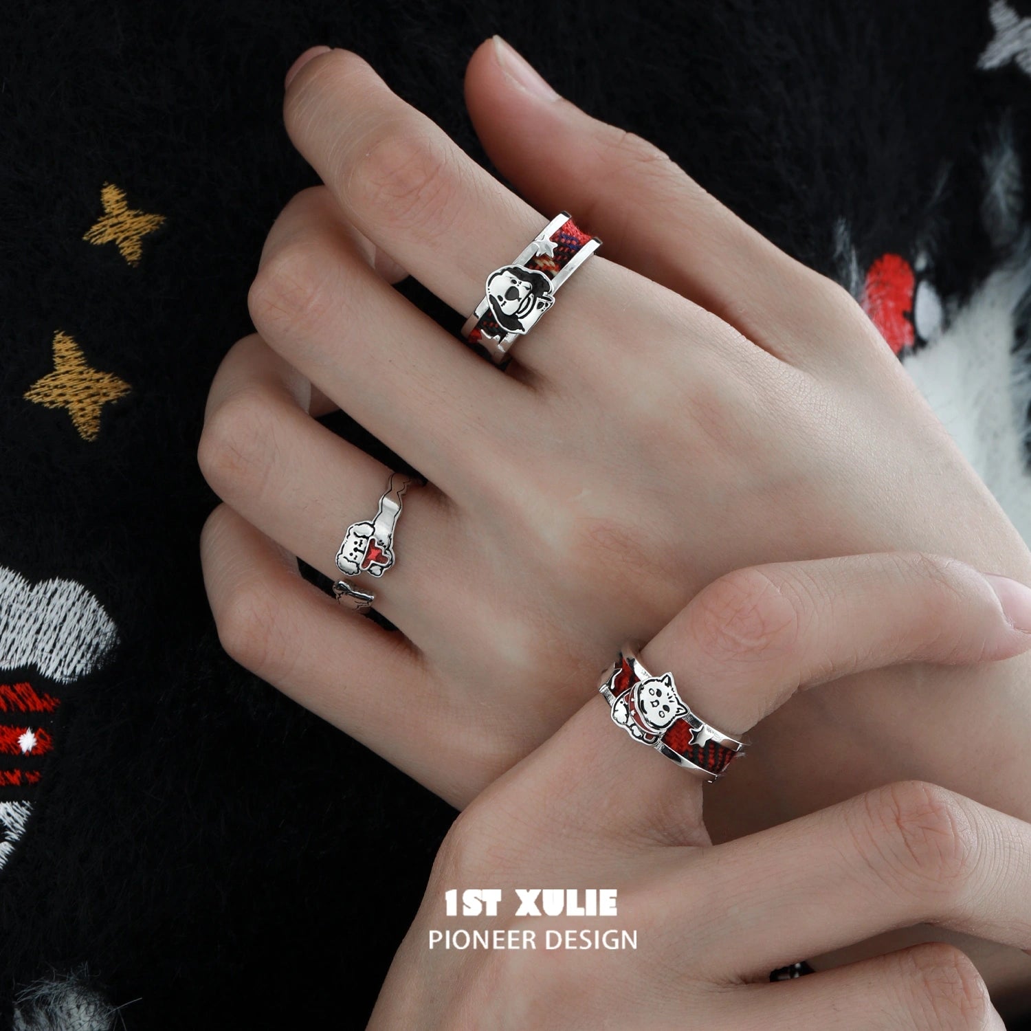 2024 Christmas Pet Lover Sterling Silver Adjustable Tartan Rings - S925 Kitten & Puppy Design for Holiday Gifts, Party Favors, and Festive Jewelry
