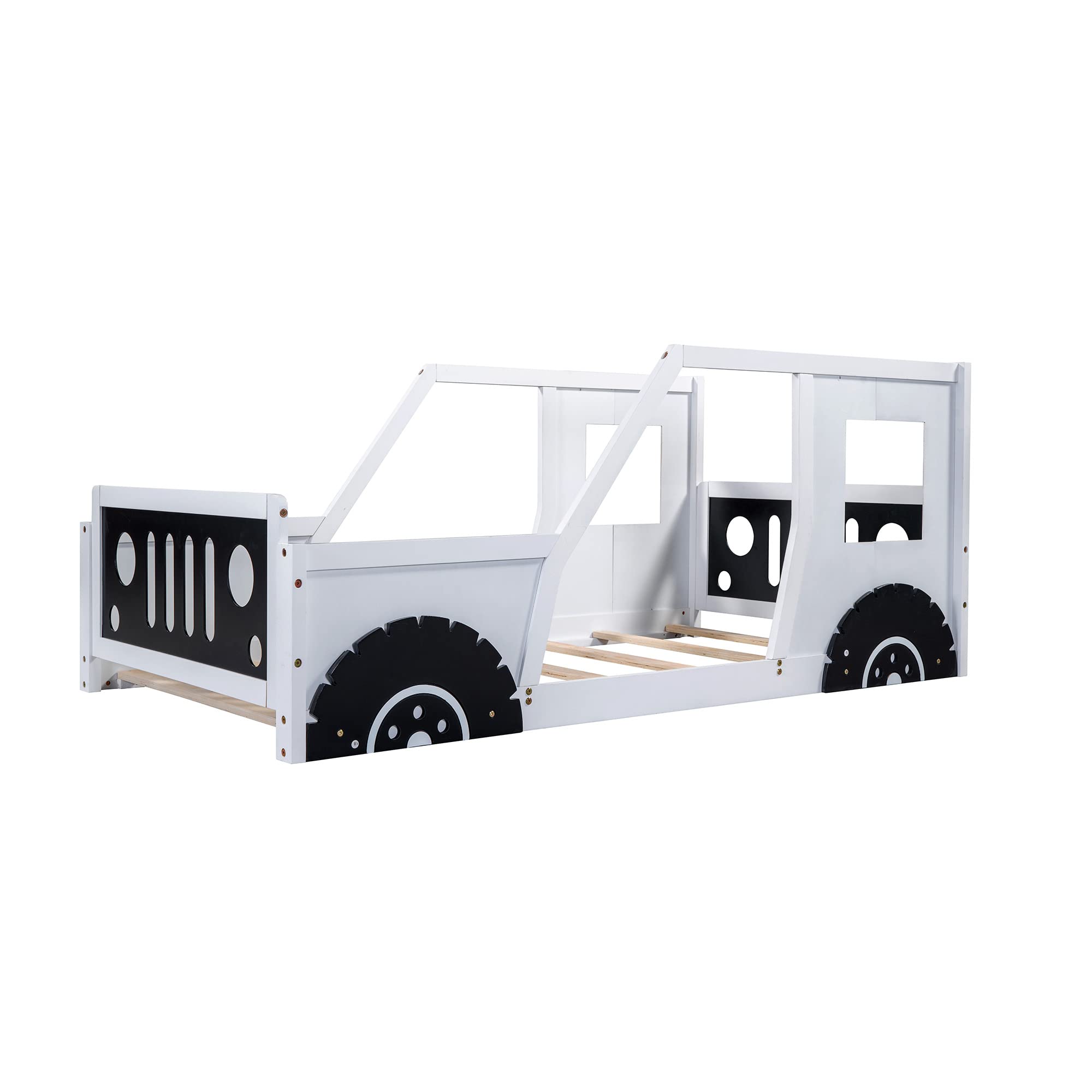 Twin Size Kids Car-Shaped Bed with Wheels - Wooden Montessori Floor Bed for Boys & Girls - Lightning McQueen Themed (White & Black) - Perfect for Toddler Rooms, Playrooms & Montessori Classrooms