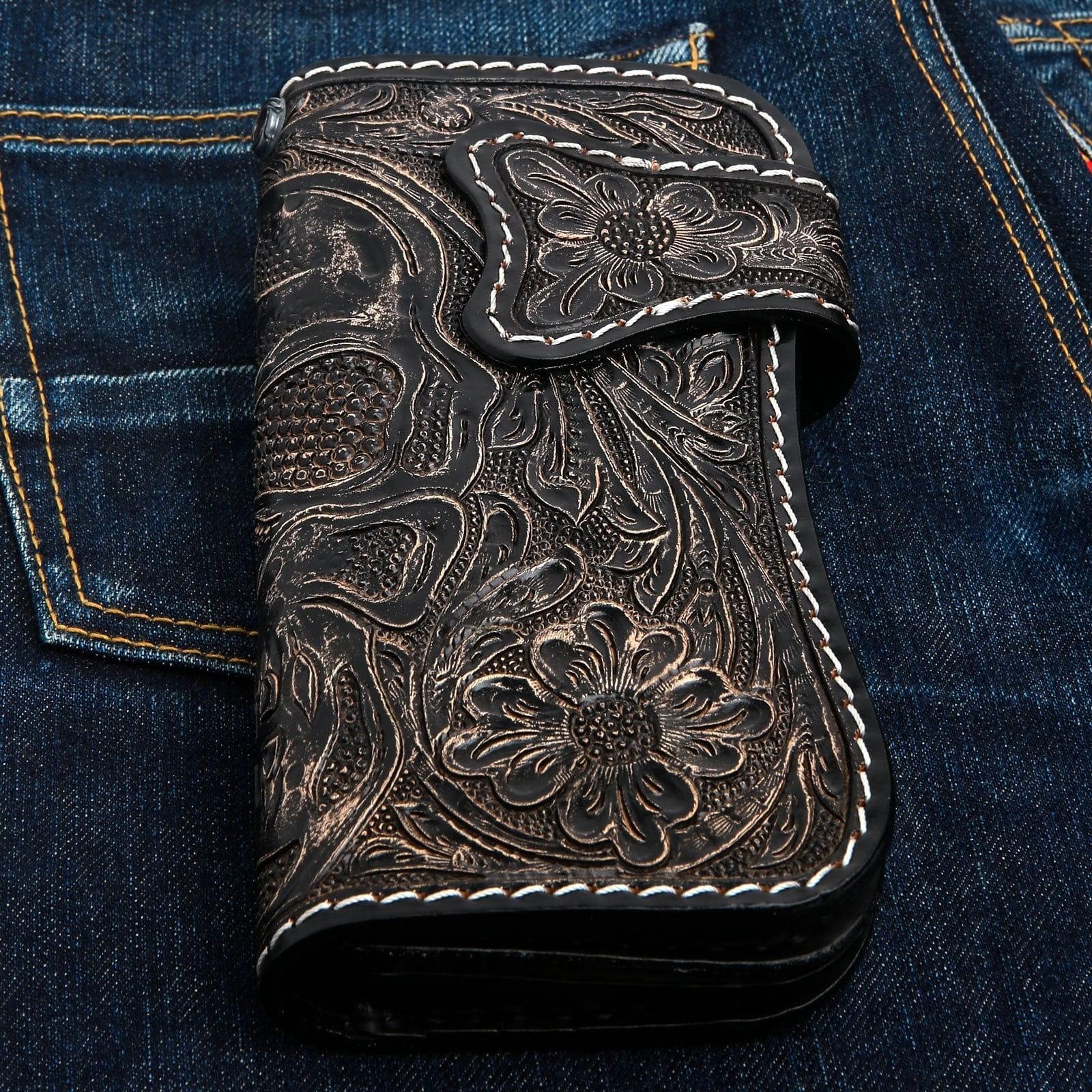 Hand Tooled Rider Skull Genuine Leather Biker Wallet - Custom Motorcycle Wallet for Men - Perfect for Biker Gifts, Motorcycle Rides & Everyday Use