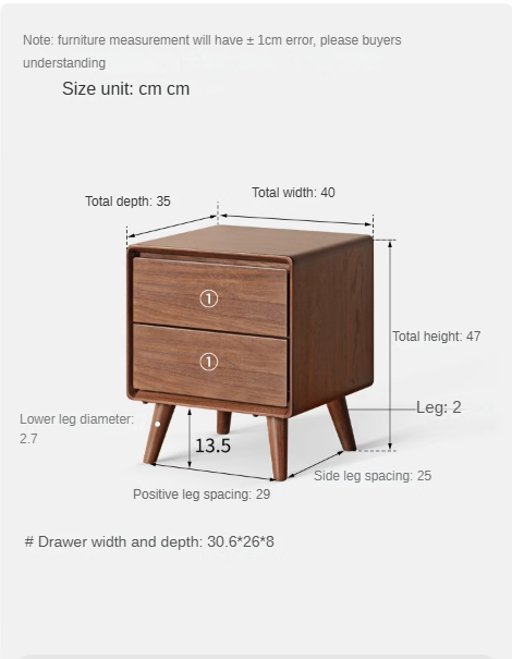 Solid Black Walnut Wood Classic Nightstand - Stylish Bedside Table for Bedroom, Living Room & Guest Room