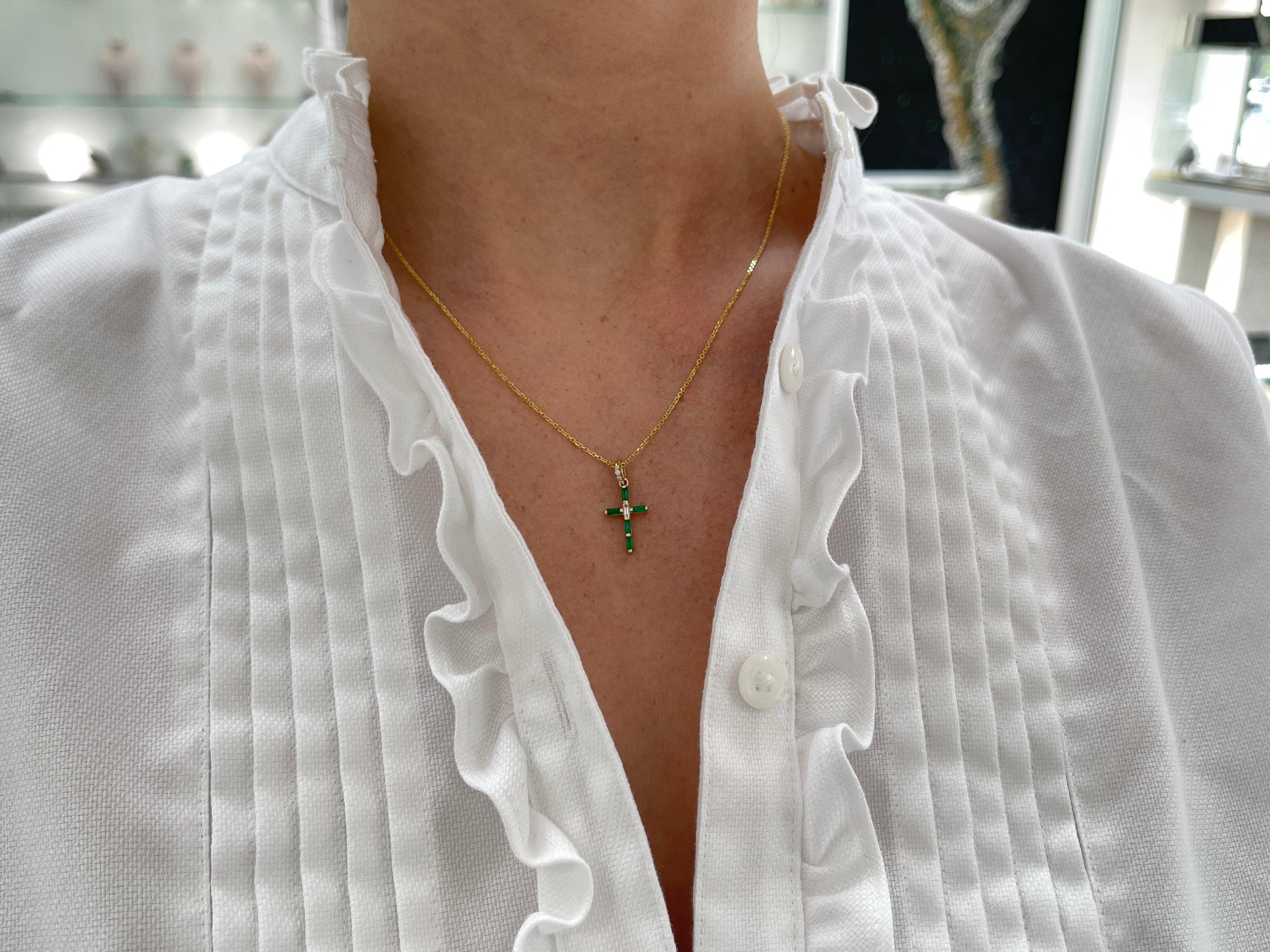 14K Gold Emerald Cross Pendant with Baguette & Round Diamonds - Elegant Religious Jewelry for Baptism, First Communion & Special Occasions