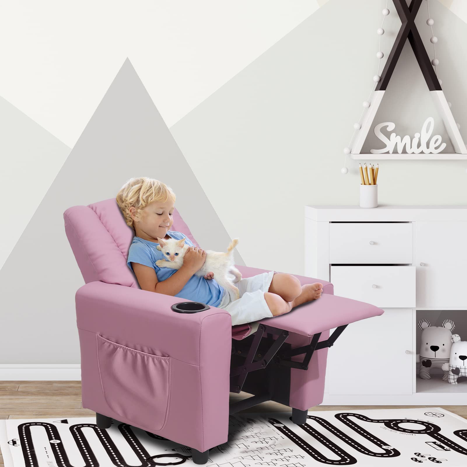 Best Kids Recliner Chair for Toddlers Age 2-4 - Soft Leather Lounge Chair with Cup Holder & Side Pocket - Pink Toddler Recliner for Boys & Girls - Perfect for Bedroom, Playroom & TV Time