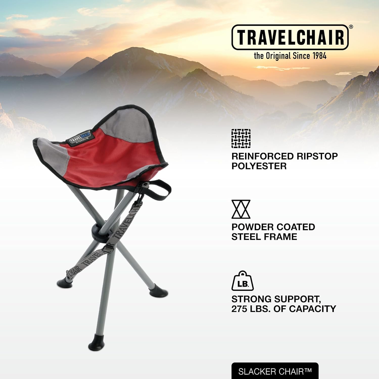 **Lightweight Slacker Tripod Camping Chair with Adjustable Carry Strap – Oversized Duck Feet for Stability – Perfect for Hiking, Fishing, Beach & Outdoor Adventures (Red)**
