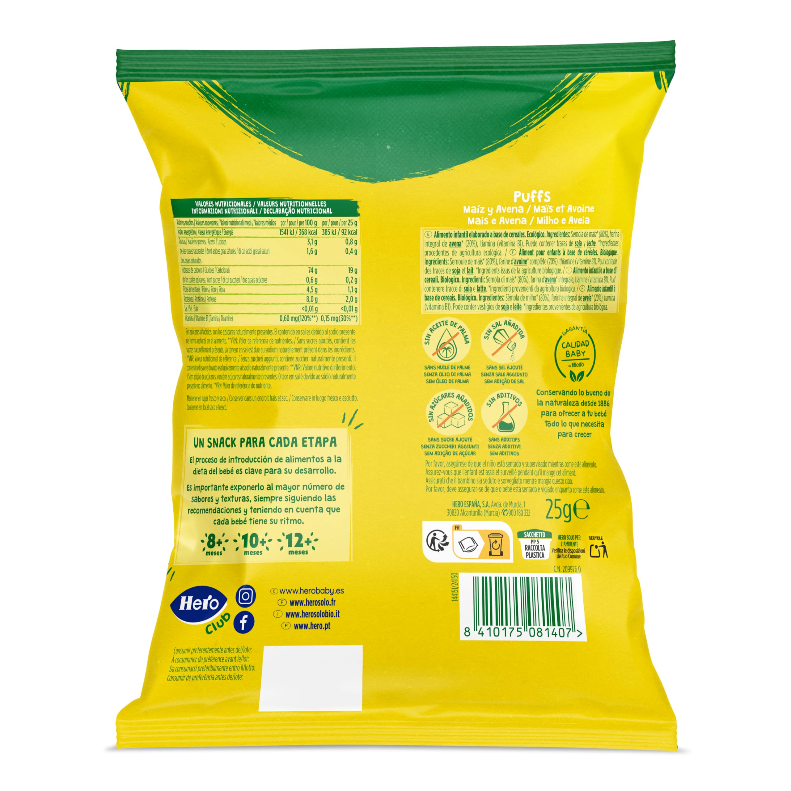 Hero Solo - Organic Corn & Oat Snacks for Babies 8+ Months, 100% Natural, Sugar-Free, Gluten-Free, No Additives, Eco-Friendly - 5x25g Pack - Perfect for On-the-Go Healthy Snacking & Baby Food