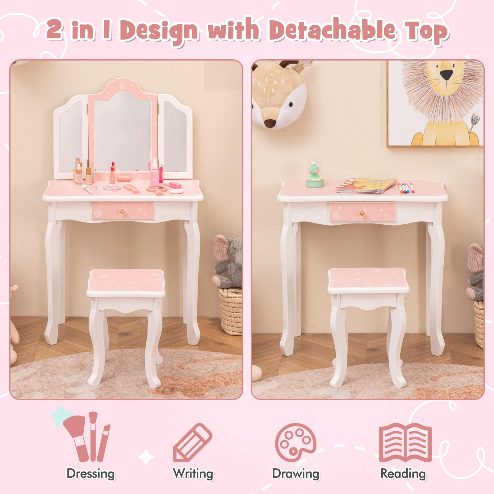 Costzon Kids Vanity Set with Mirror & Stool - Pink Snowflake Print Makeup Dressing Table with Drawer for Girls, Pretend Play Vanity Table & Chair Set - Perfect for Birthday Gifts, Bedroom Decor & Role Play Activities