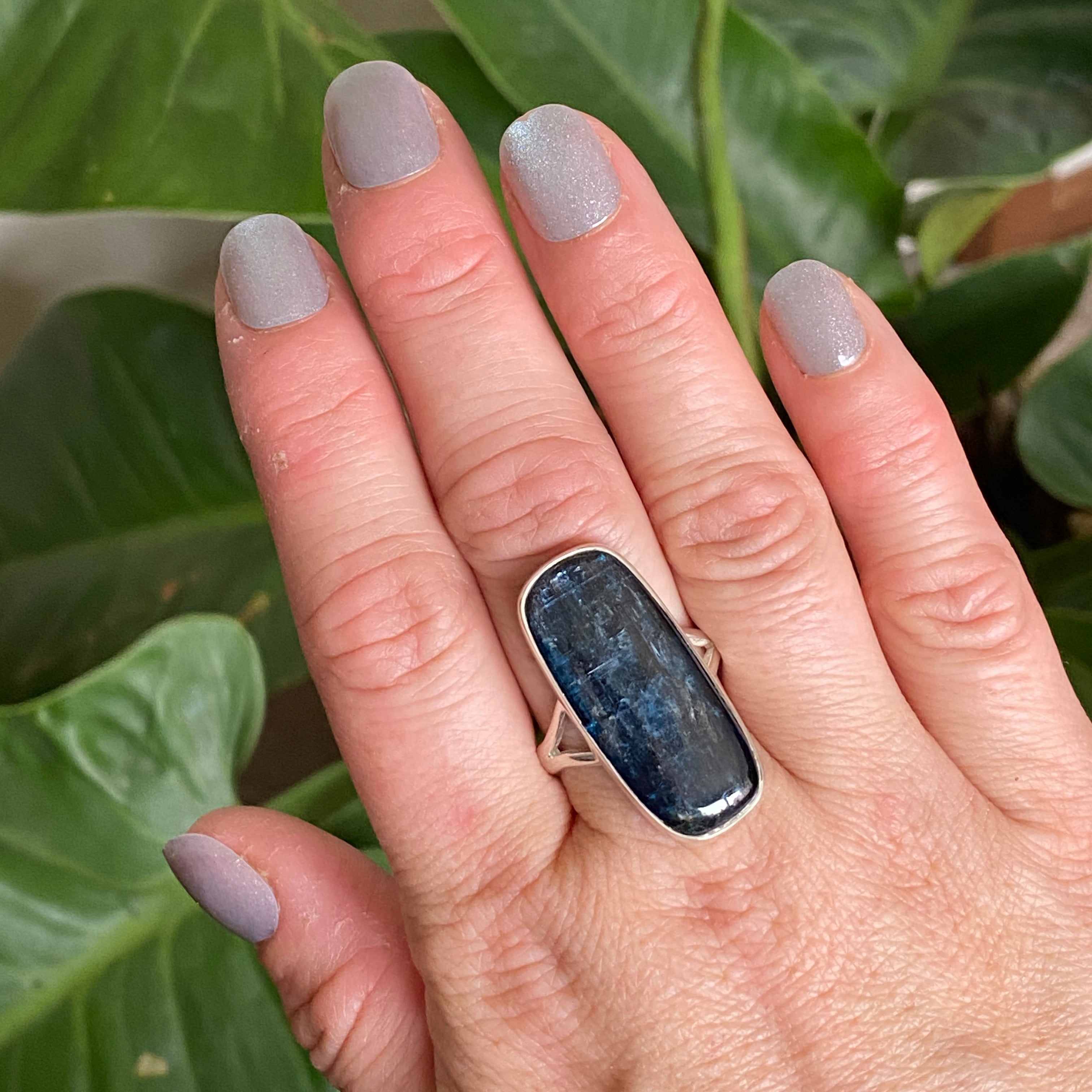 Blue Kyanite Rectangular Cabochon Split Band Ring - Size 10.5 - KRGJ3281 - Perfect for Boho Jewelry & Spiritual Healing