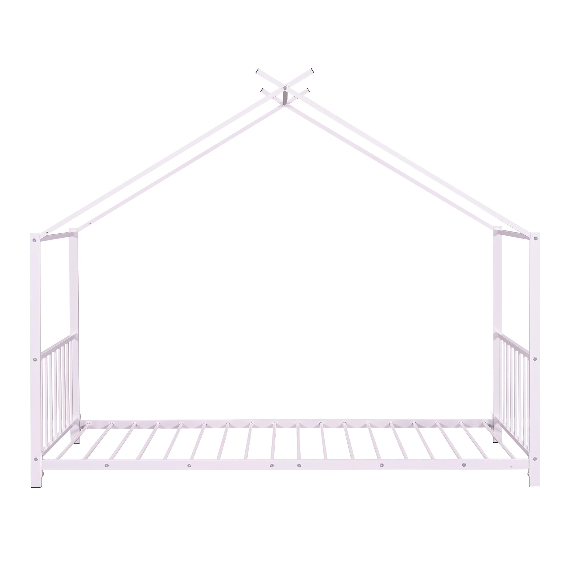 Montessori Twin Size Floor Bed for Kids - Sturdy Metal Frame with High Headboard & Roof - Pink House Bed for Boys & Girls - Perfect for Bedroom, Playroom & Montessori Learning Spaces