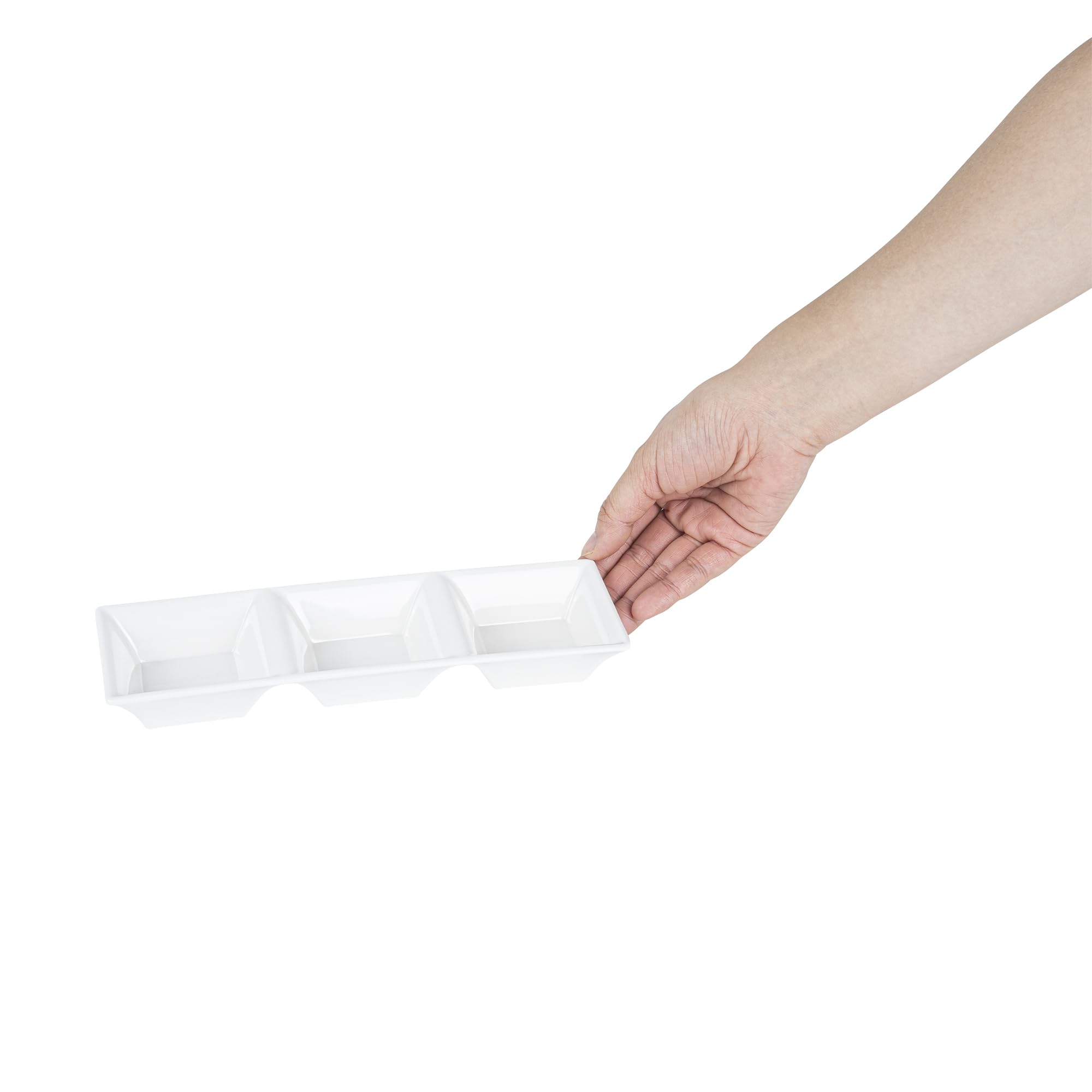 Voga 5 oz Square Melamine Serving Dishes - 3-Compartment Appetizer Plates for Dips, Snacks & Condiments | Party & Event Tableware | Durable White Restaurantware (Set of 10)