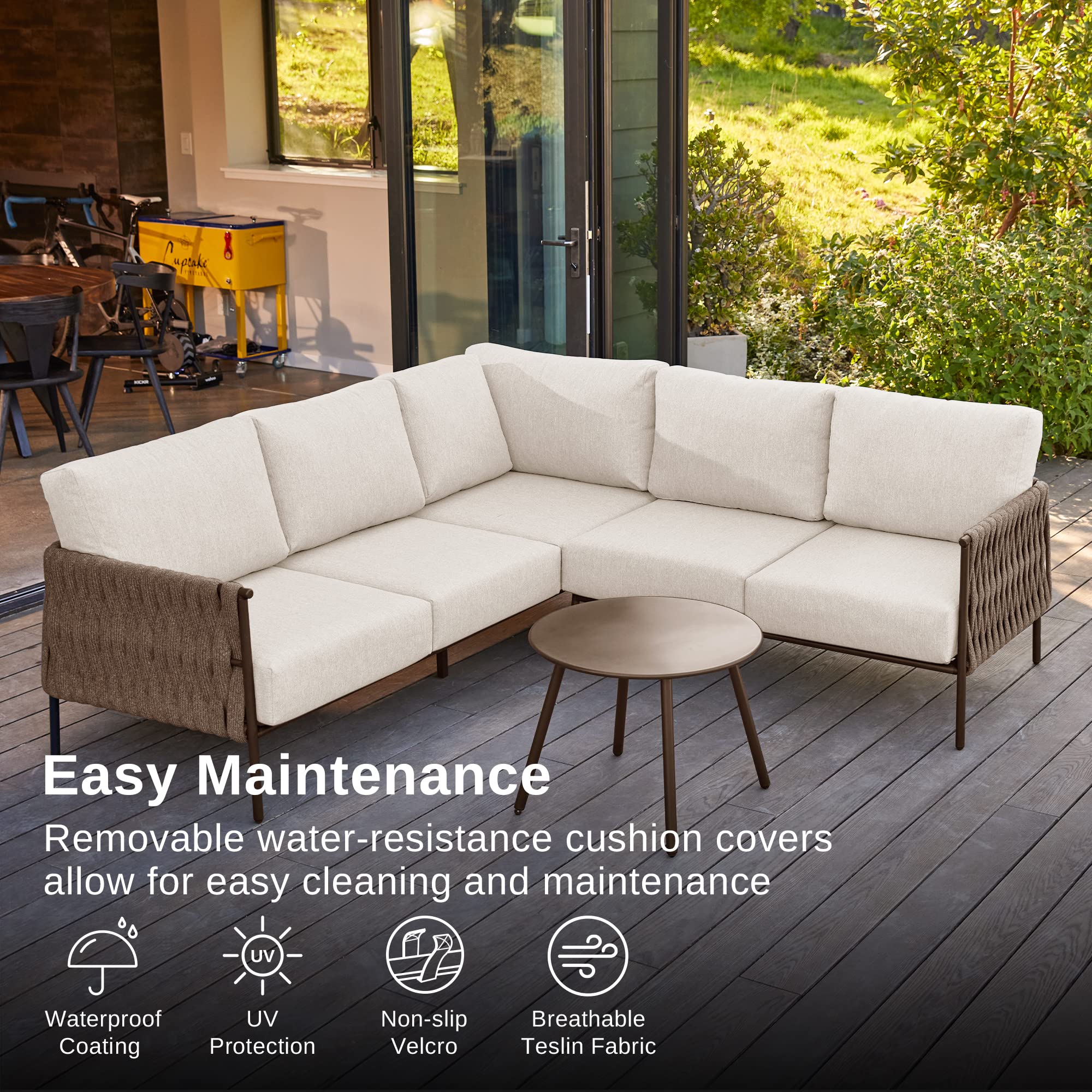 EAST OAK Outdoor Patio Furniture Set - 5-Piece Deep Seating Corner Sofa with Round Coffee Table, Thick Washable Cushions in Chestnut Brown & Creamy Apricot - Perfect for Garden, Poolside, and Backyard Relaxation