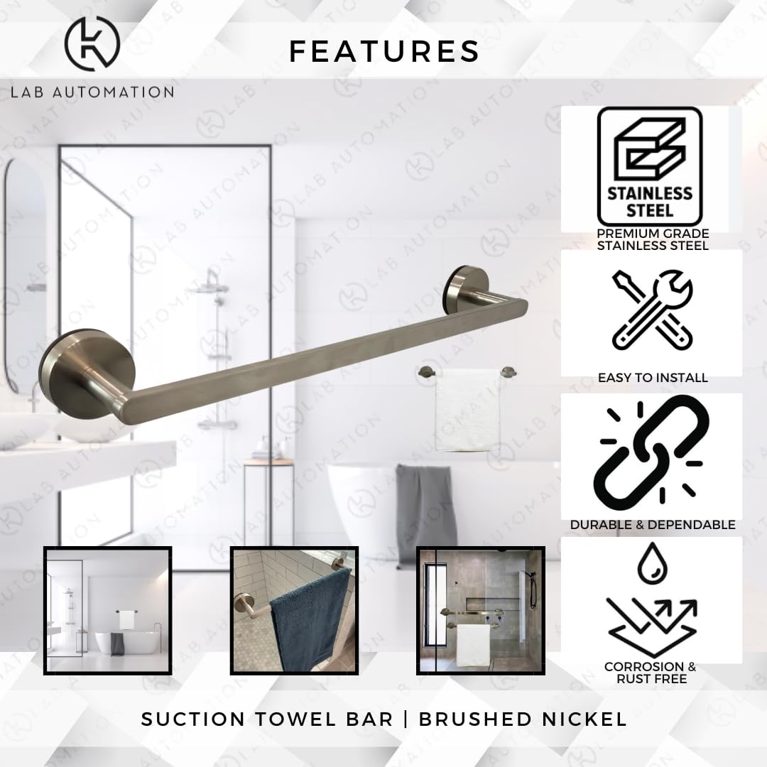 Sturdy 18-Inch Brushed Nickel Suction Cup Towel Bar for Bathroom - Heavy Duty Shower Glass Door Mount Towel Holder with Strong Adhesion - Perfect for Spa, Gym, Pool & Home Use (Nickel Finish)