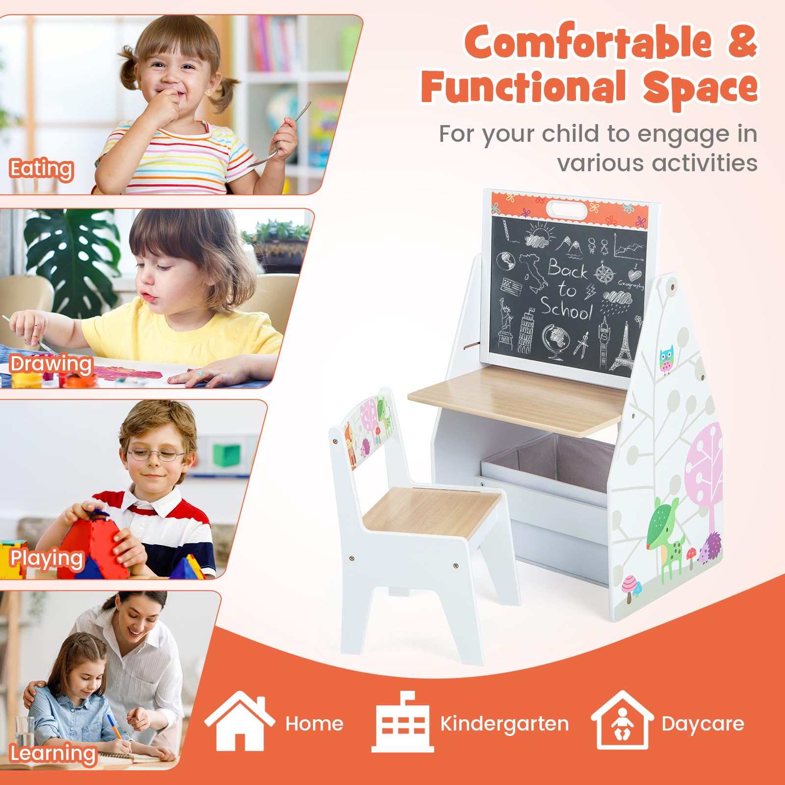 HONEY JOY Kids Art Easel - Adjustable Double-Sided Wooden Toddler Table & Chair Set with Magnetic Whiteboard & Chalkboard, Bookshelf & Storage Bin - Perfect for Arts & Crafts, Drawing & Learning - Ideal Gift for Boys & Girls (White) - Great for Home, Classroom & Playroom Activities