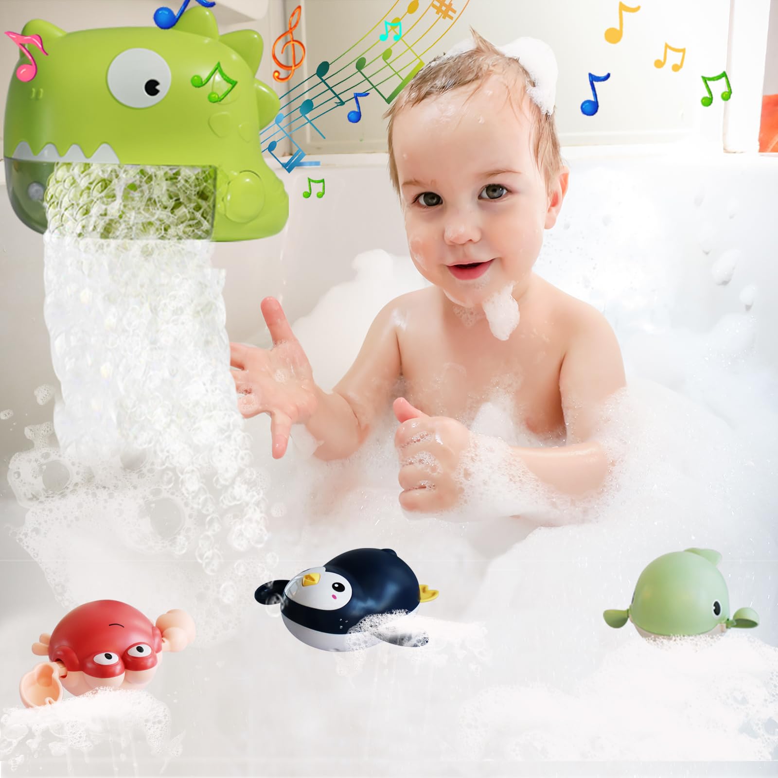 HAFAYI Dinosaur Bubble Bath Toys for Toddlers - Bathtub Bubble Machine with Music & 3 Wind-Up Water Toys - Fun Bath Time Toys for Kids Ages 1-5 Years Old (Green) - Perfect for Sensory Play, Early Learning & Family Bonding During Bath Time