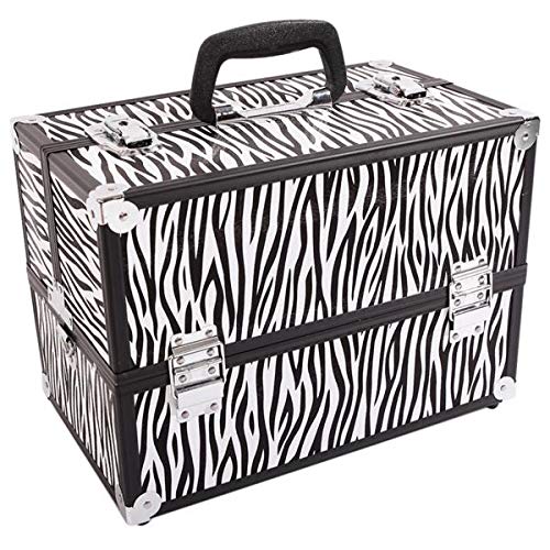 SM-2083 White Zebra Stripe Aluminum Alloy Makeup Train Case - Cosmetic Organizer & Jewelry Storage Box for Travel, Salon, and Professional Makeup Artists | Durable Portable Beauty Case
