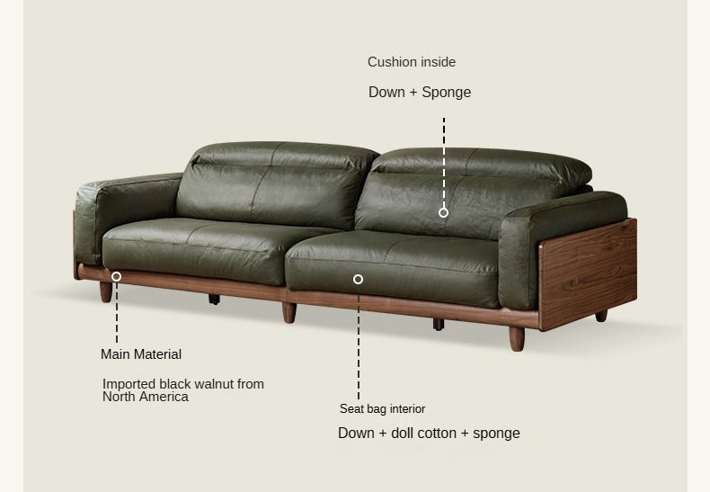 Premium Black Walnut Solid Wood Leather Sofa - Italian Modern Luxury Living Room Furniture for Home & Office Decor