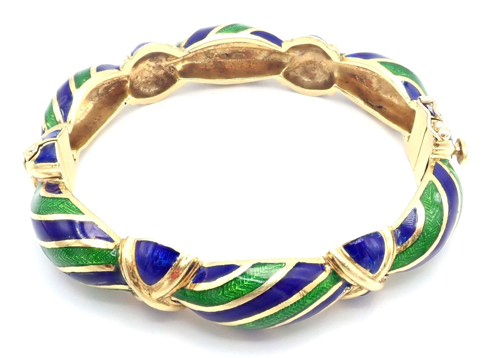 Authentic Vintage Tiffany & Co 18k Yellow Gold Enamel Bangle Bracelet with Green & Blue Design - Perfect for Weddings, Anniversaries & Luxury Gifts
