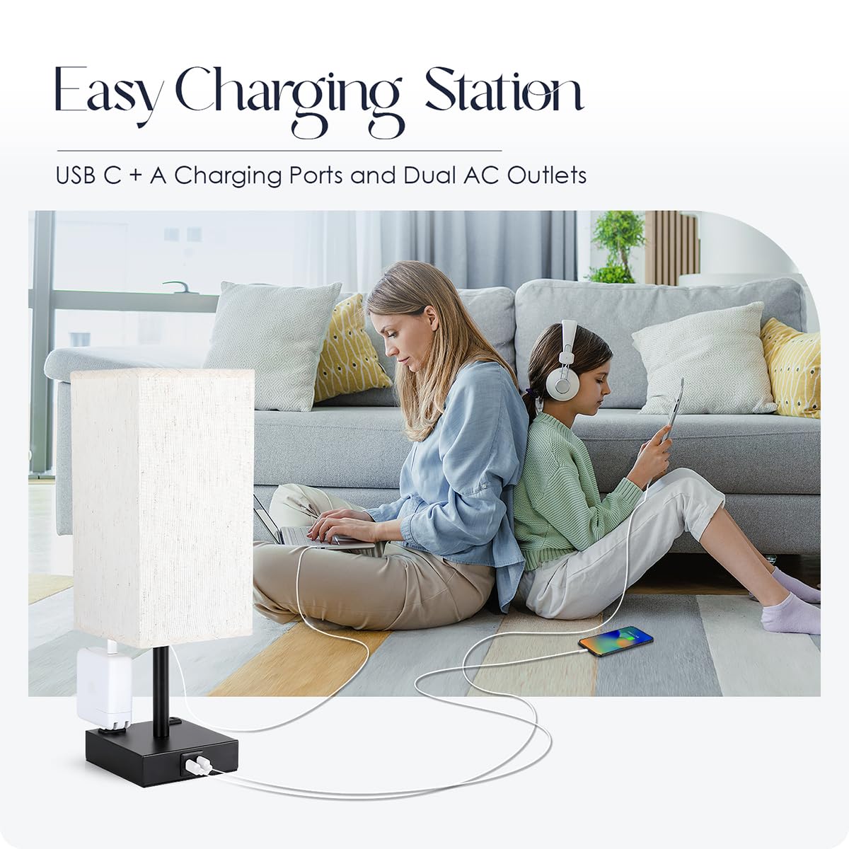 2-Pack Touch Control Bedside Table Lamps with USB-C & AC Charging Ports - 3-Way Dimmable Nightstand Lamps with Flaxen Fabric Shade for Bedroom, Living Room & Office (Includes Bulbs) | Perfect for Reading, Working & Creating Cozy Ambiance