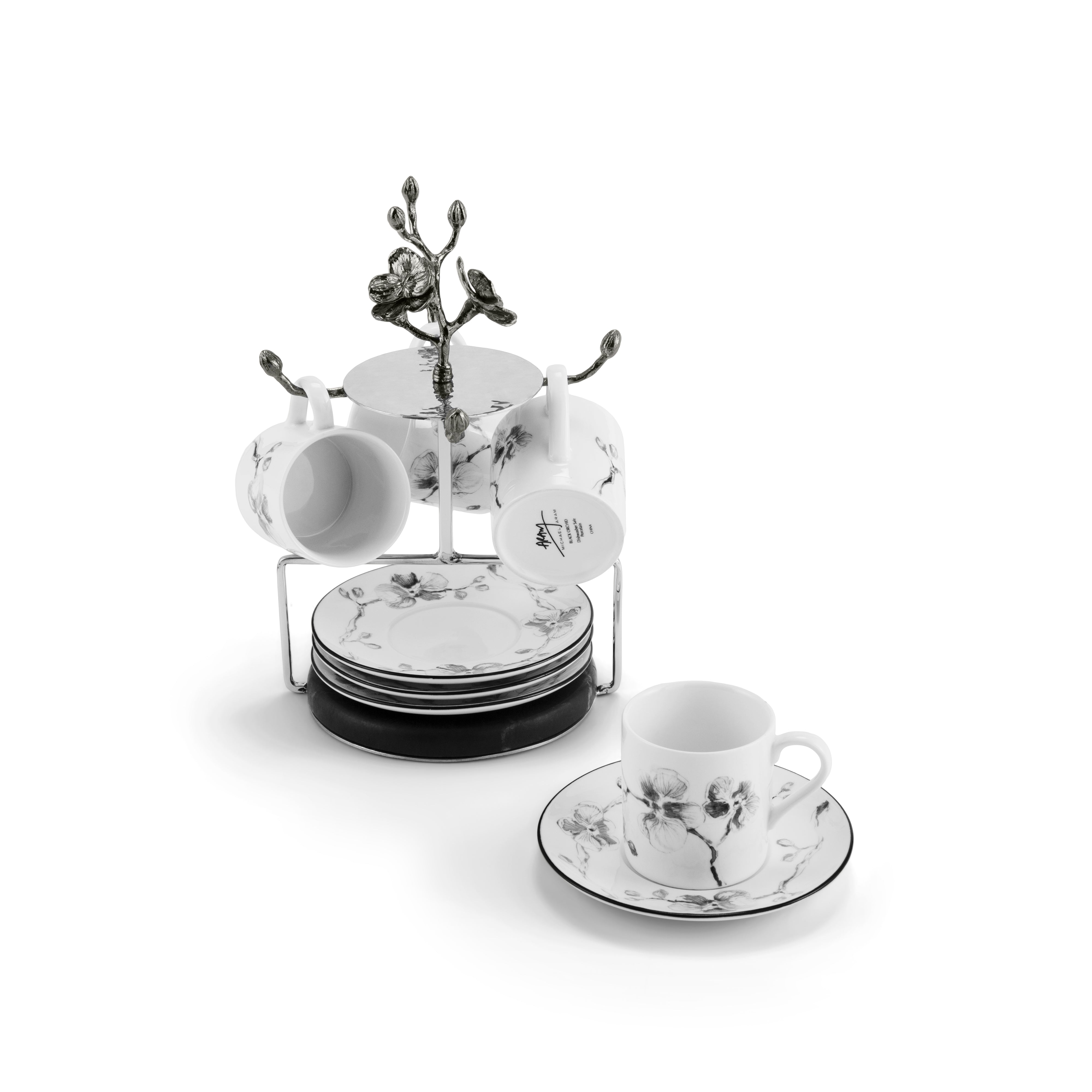 Black Orchid Demitasse Espresso Cups - Elegant Porcelain Coffee Set for Espresso, Cappuccino & Tea - Perfect for Home, Cafe & Restaurant Use