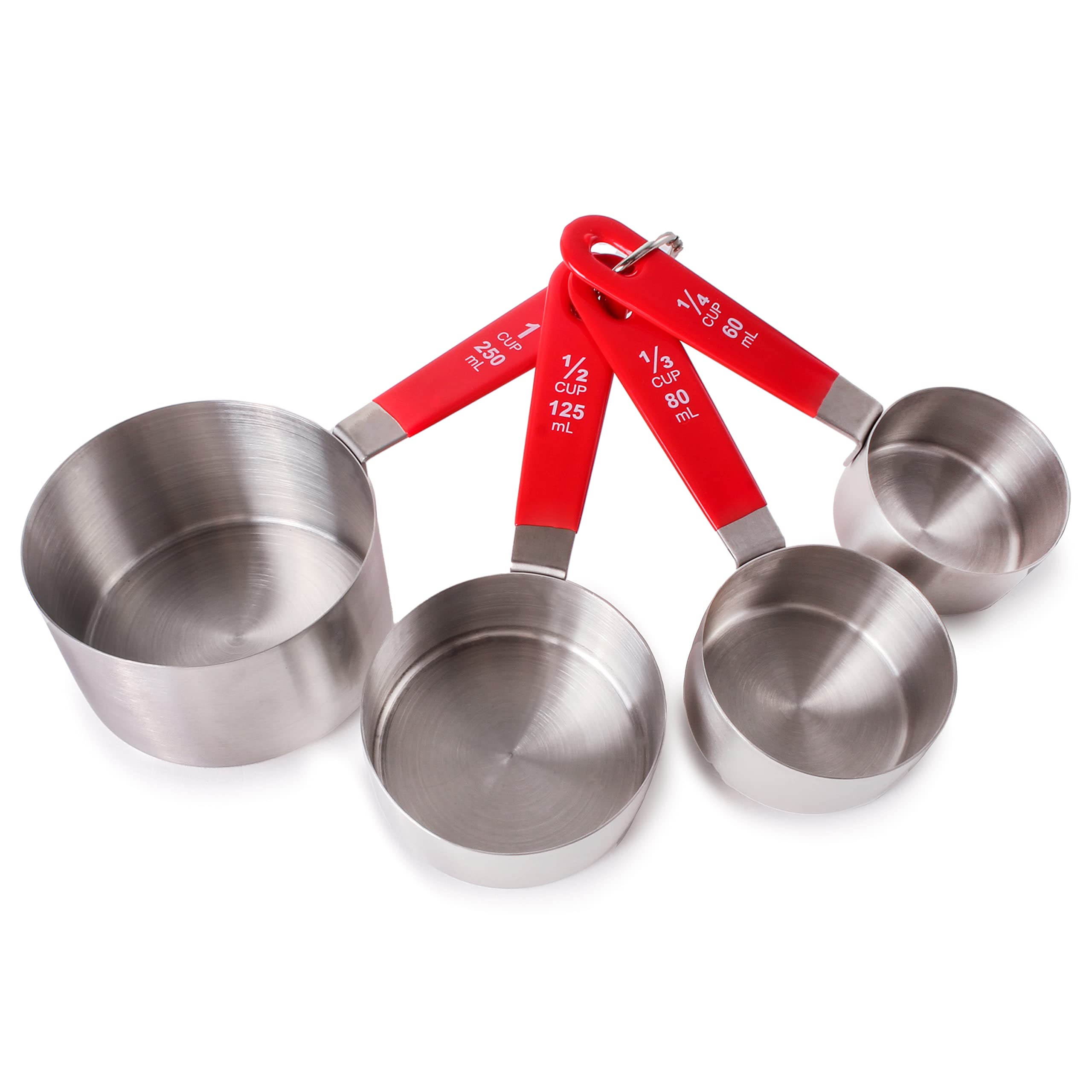 BergHOFF 4-Piece Stainless Steel Measuring Cups Set - Round, Silver & Red, Stackable with Hanging Loop for Baking, Cooking & Kitchen Organization