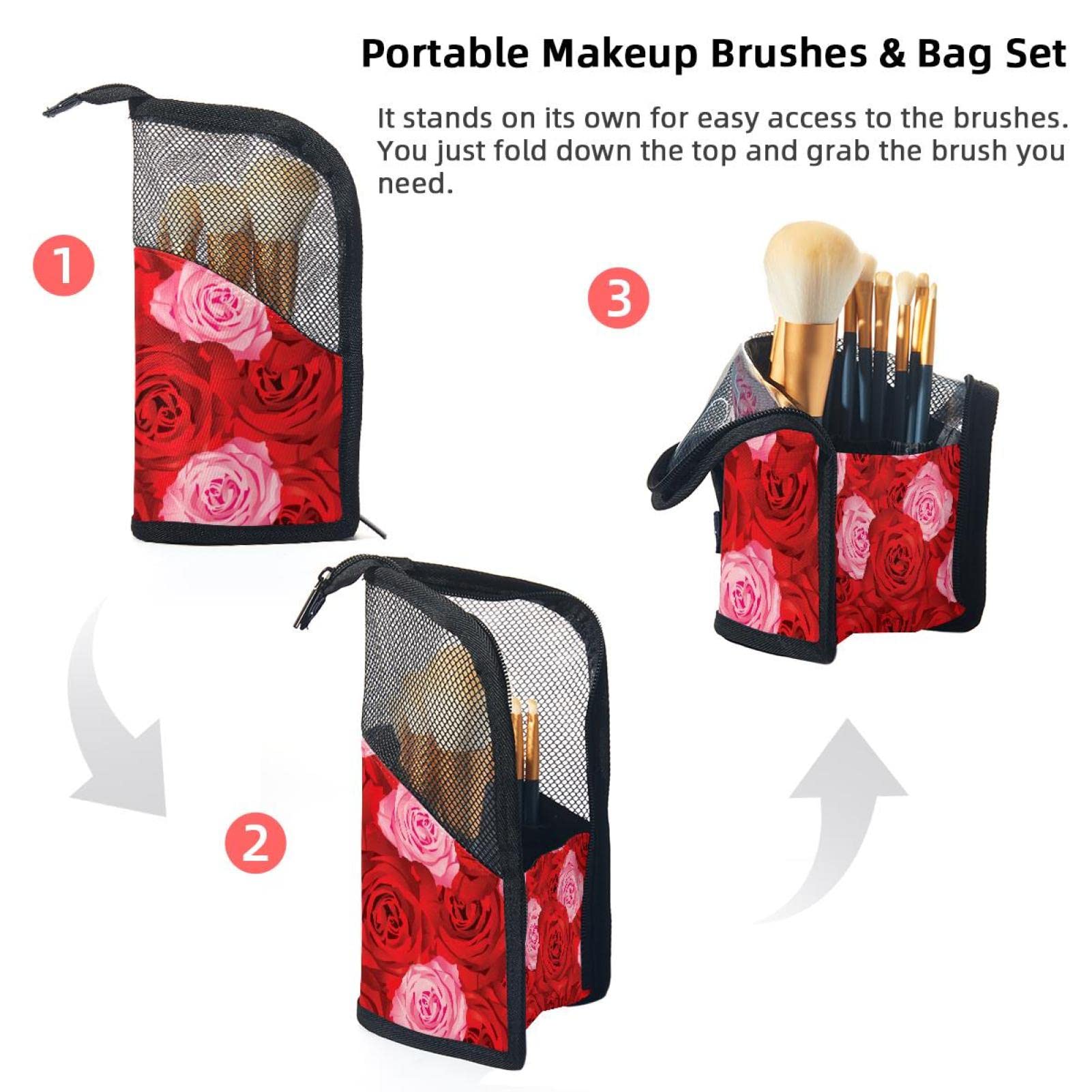 Vintage Roses Flower Makeup Brush Organizer Bag - 12 Slot Portable Makeup Brush Holder Case for Travel, Home & Professional Makeup Artists (Pink Red)