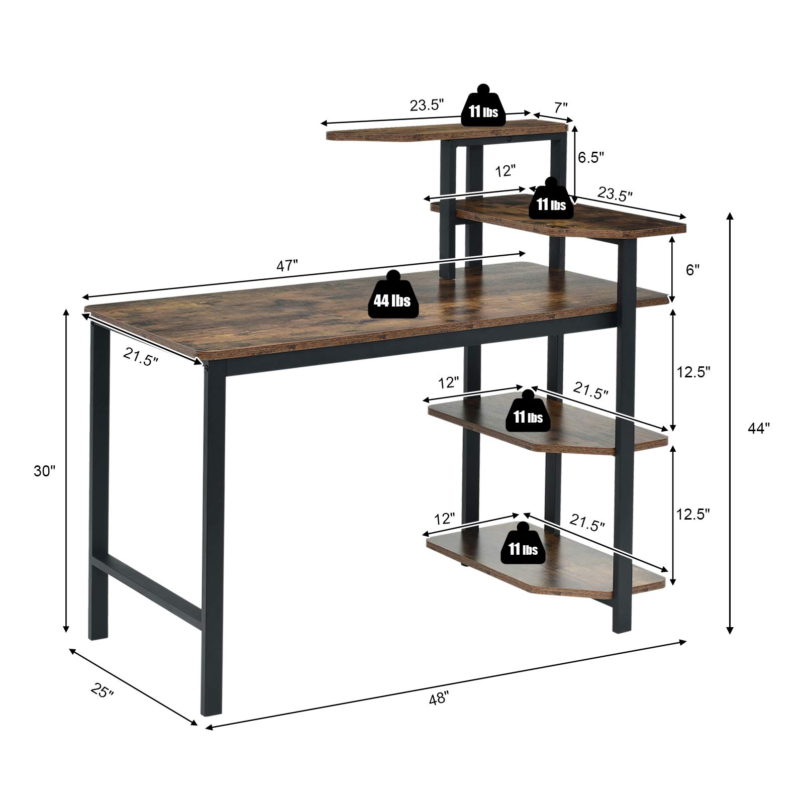 Tangkula 48 Inch Industrial Computer Desk with 4-Tier Storage Shelves - Sturdy Wooden Writing Study Table with Bookshelf, Spacious Work Surface & Metal Frame - Perfect for Home Office, Gaming Setup, and Remote Workstation