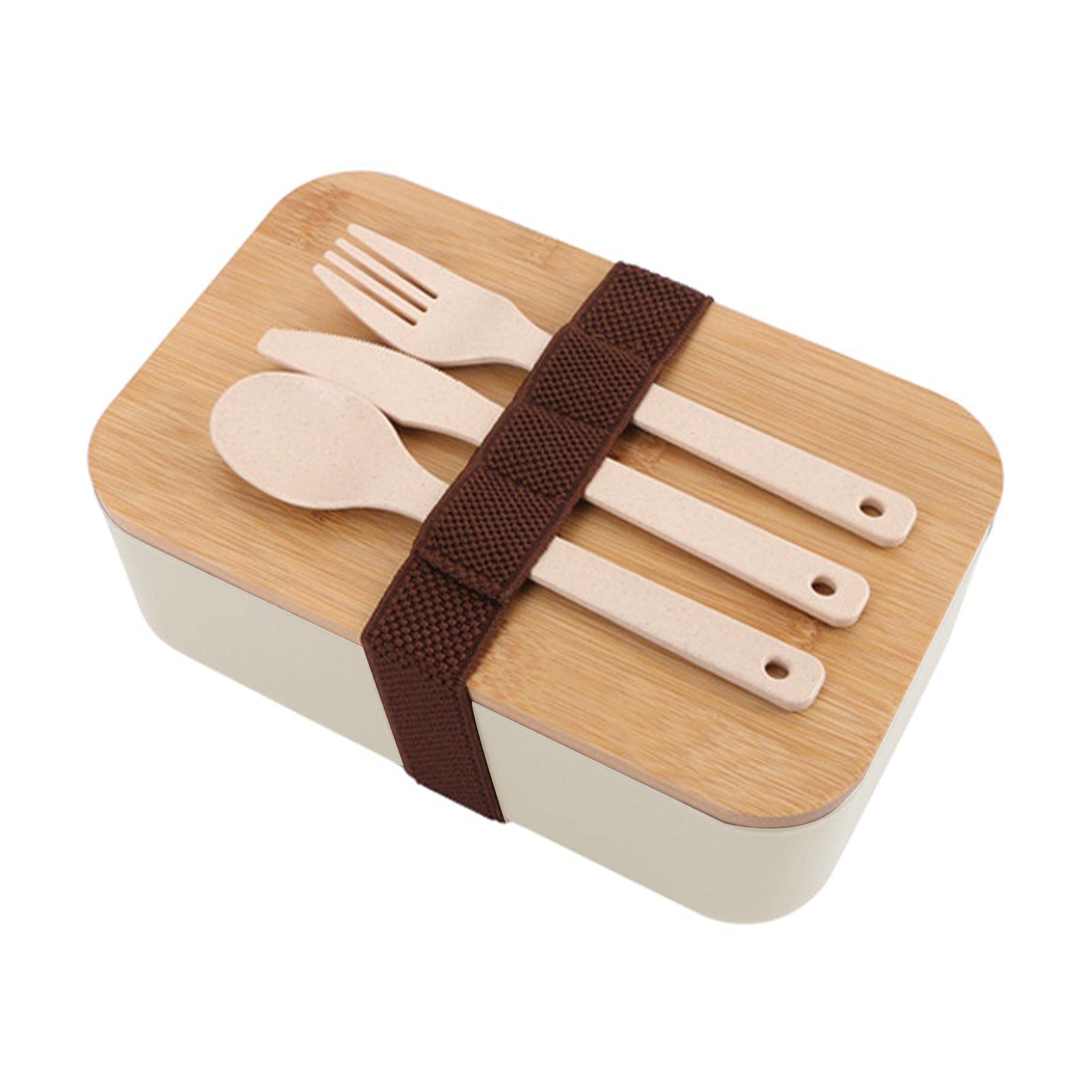Yuhoo Eco-Friendly Bento Lunch Box with Wooden Lid & Wheat Fiber Cutlery Set - Reusable Leakproof Japanese Bamboo Lunch Box for Adults, Kids & Students - Microwave Safe (Beige, One Size) - Perfect for School, Office, Picnics & Travel