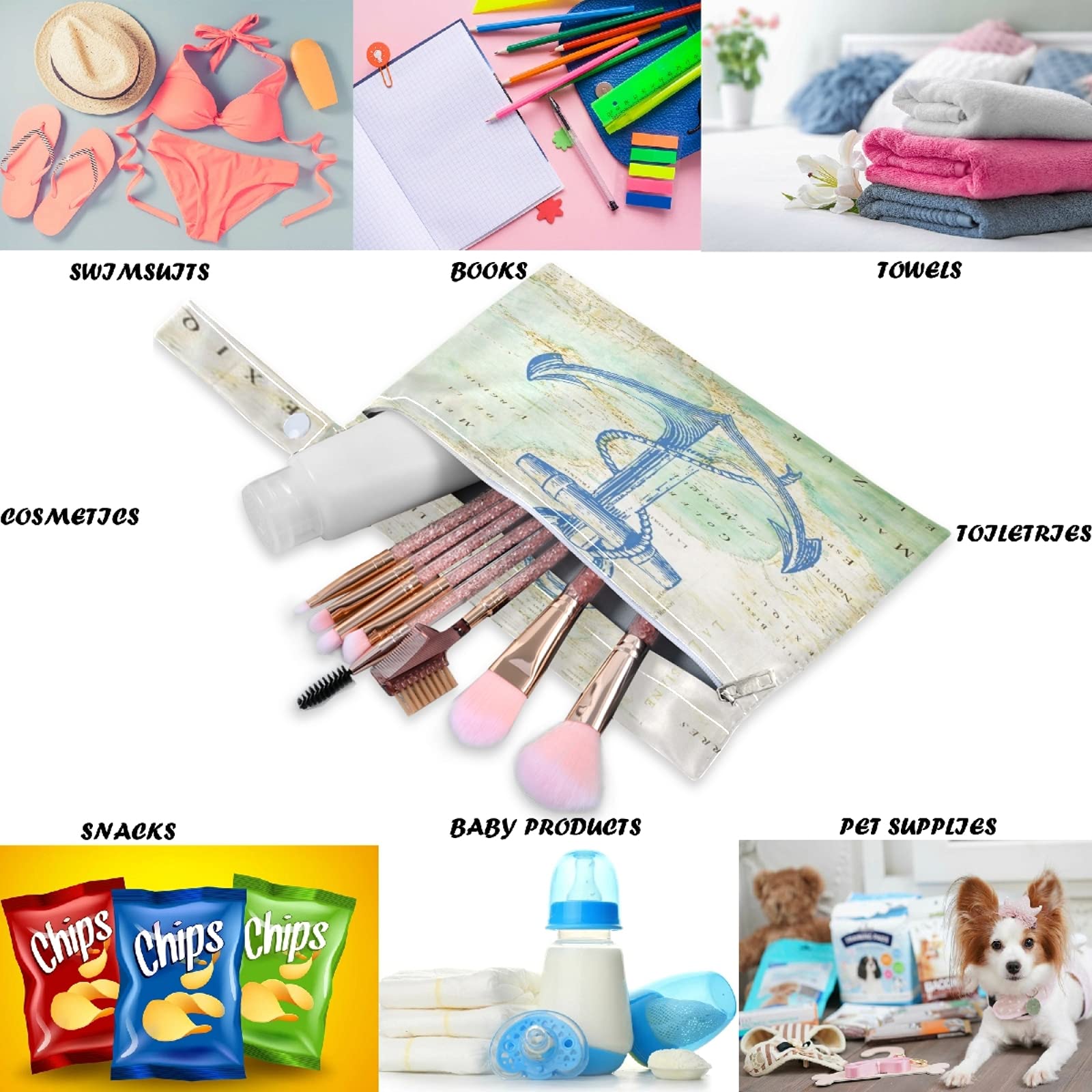 Visesunny Blue Anchor 2-Pack Waterproof Wet Bags with Zippered Pockets - Reusable & Washable Storage for Swimsuits, Gym Clothes, Diapers & Toiletries - Perfect for Travel, Beach, Pool, Daycare & Stroller Organization