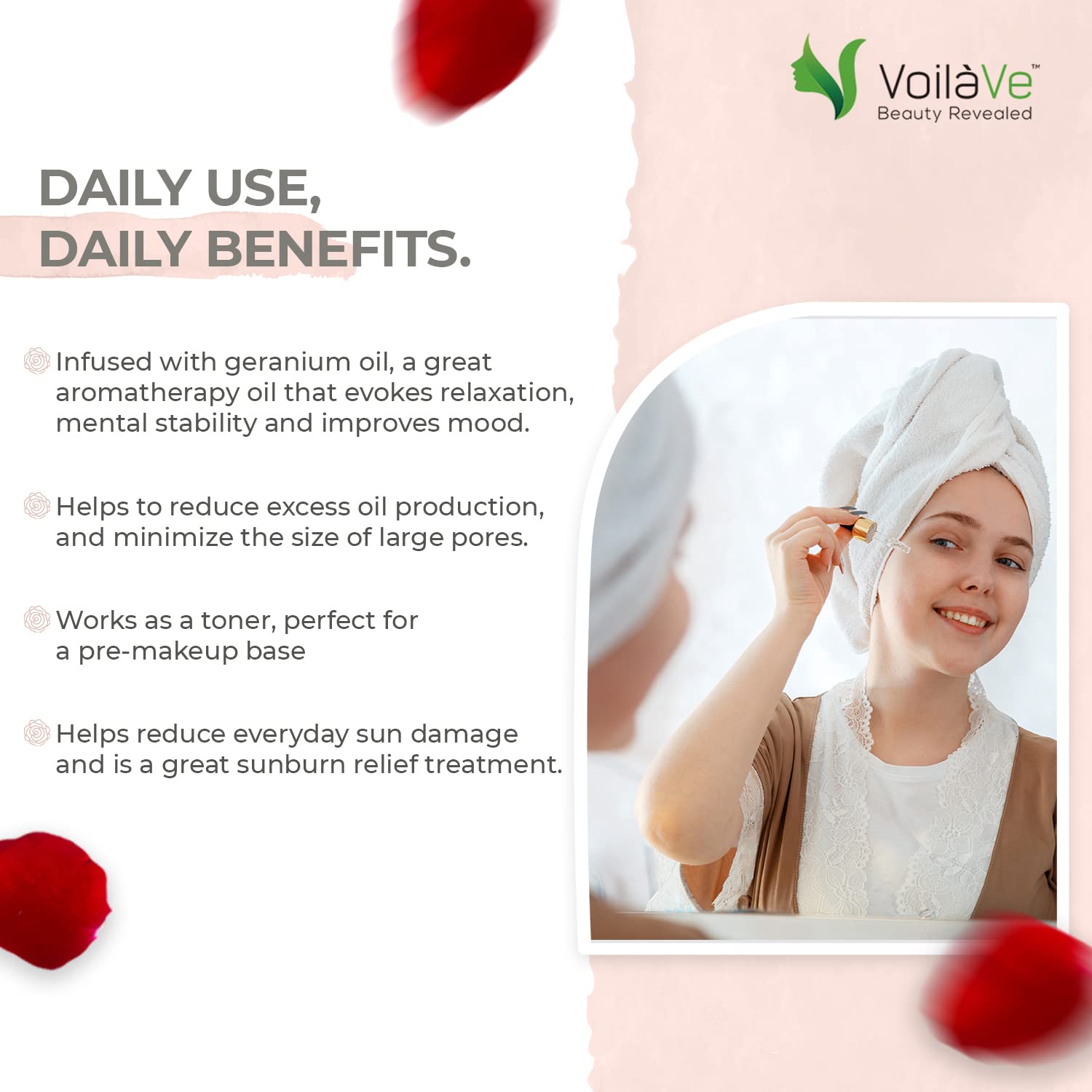 VoilaVe Organic Rose Oil for Face, Body & Hair - Natural Moisturizer for Dry Skin, Scalp, Nails & Cuticles - Anti-Aging Treatment Reduces Wrinkles, Scars & Stretch Marks - Infused with Rose Petals & Bergamot Essential Oil - 4 Fl Oz - Perfect for Daily Skincare, Massage & Aromatherapy