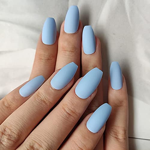 Brinote Coffin Press on Nails - 24Pcs Long Matte Blue Acrylic False Nails with Full Cover Tips | Ballerina Shape for Women & Girls | Perfect for Office Wear, Daily Use & Natural Manicure | Easy Stick on Nail Art Accessories