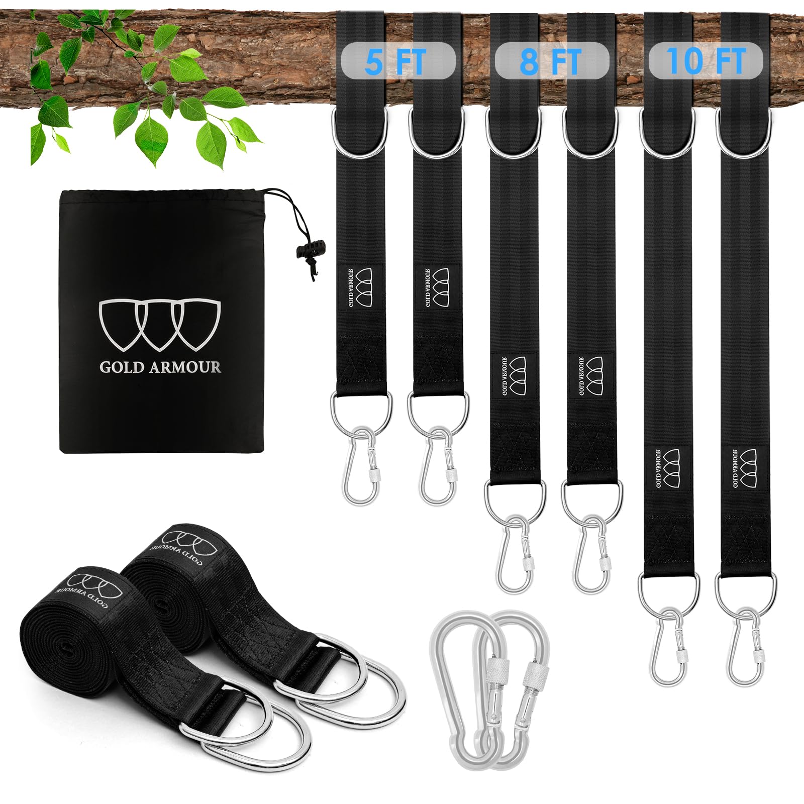 Gold Armour Heavy Duty Tree Swing Hanging Straps Kit - 8ft 2000lb Capacity for Double/Single Hammocks, Tree Swings & Camping Accessories - Perfect for Backyard, Garden, Park & Outdoor Adventures