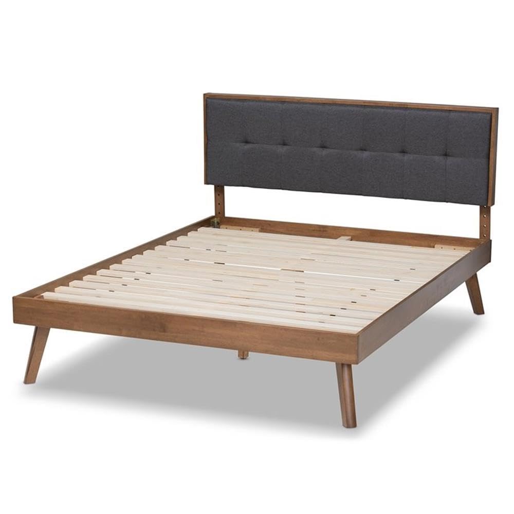BOWERY HILL Queen Size Platform Bed with Dark Gray Fabric Upholstery and Walnut Finish - Perfect for Modern Bedrooms, Guest Rooms & Small Spaces