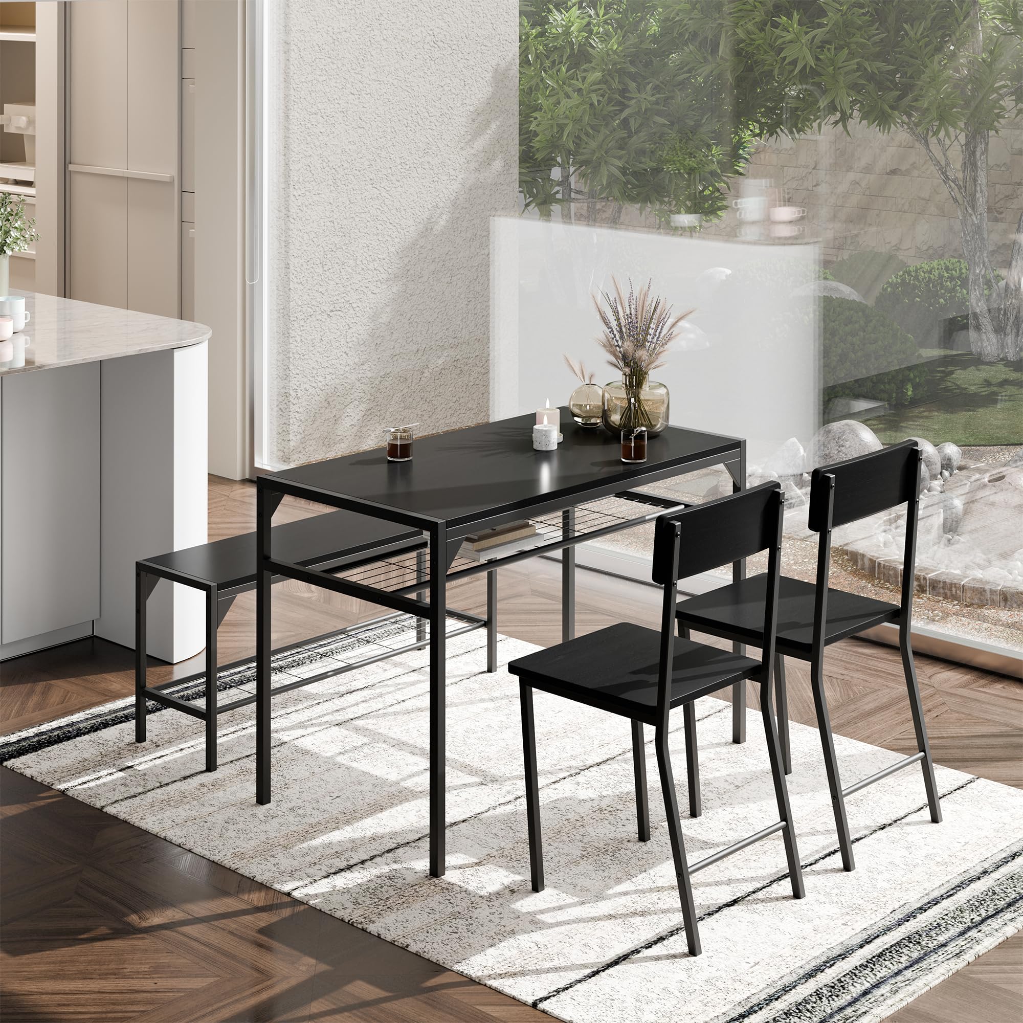 Meilocar 4-Piece Wooden Dining Table Set with 2 Chairs & Bench, Industrial Kitchen Table with Storage Racks - Perfect for Small Spaces, Breakfast Nooks & Modern Farmhouse Dining Rooms