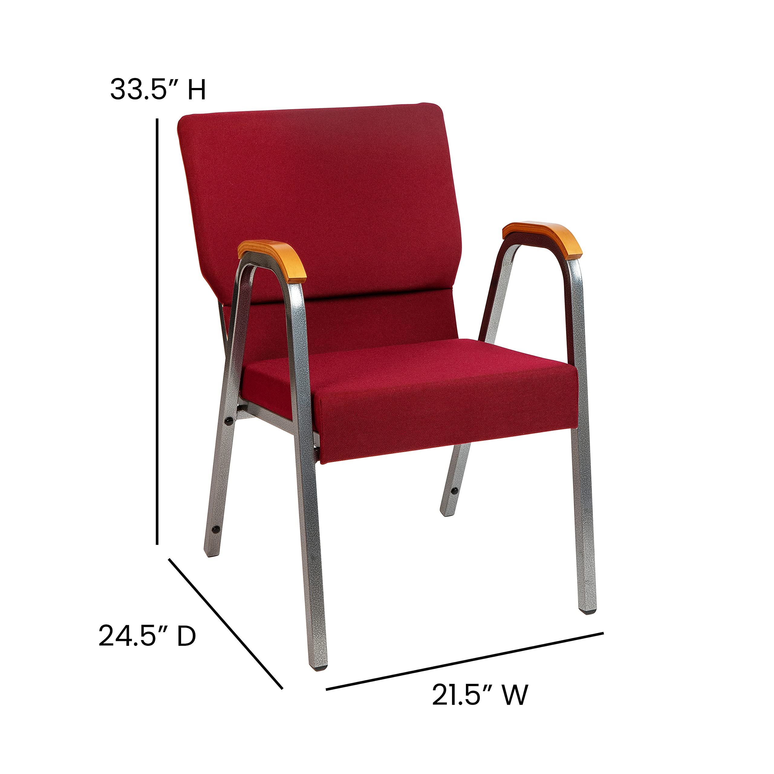 EMMA + OLIVER 21 Inch Stackable Church Chairs with Arms - Burgundy Fabric & Silver Vein Metal Frame - Perfect for Weddings, Events, and Church Gatherings